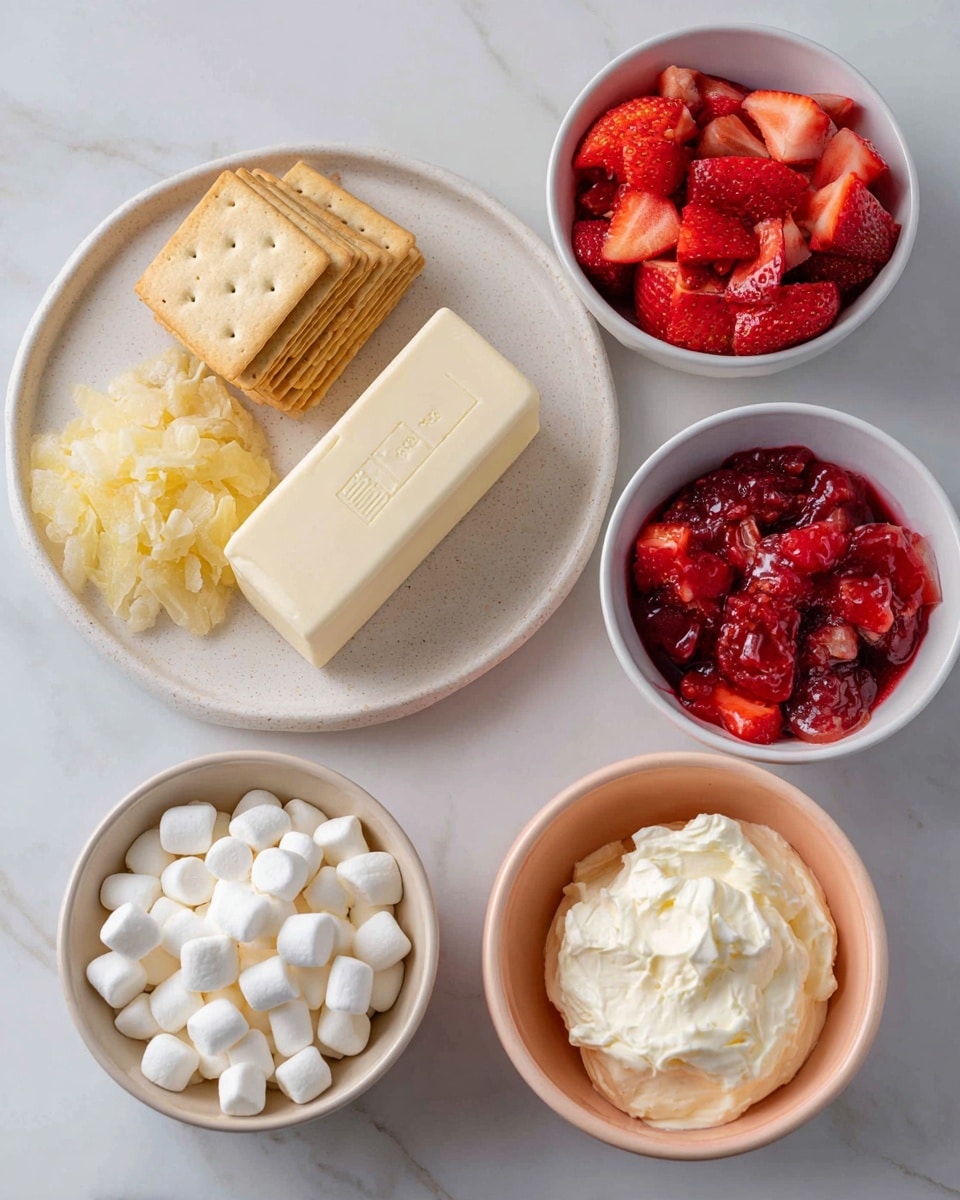 The image shows six bowls and a small white plate with ingredients arranged on a white marbled surface. The small white plate holds a stack of light brown crackers, a stick of white butter with measurement markings, and a pile of bright red chopped strawberries. Surrounding the plate are five bowls: one with pale yellow crushed pineapple, one with shiny red cherry topping, one with small white mini marshmallows, and one with creamy white cream cheese. The bowls are plain and round, with the cream cheese bowl having a light peach color on the outside. The colors and textures are clear and distinct, set against the clean white marbled background. Photo taken with an iphone --ar 4:5 --v 7