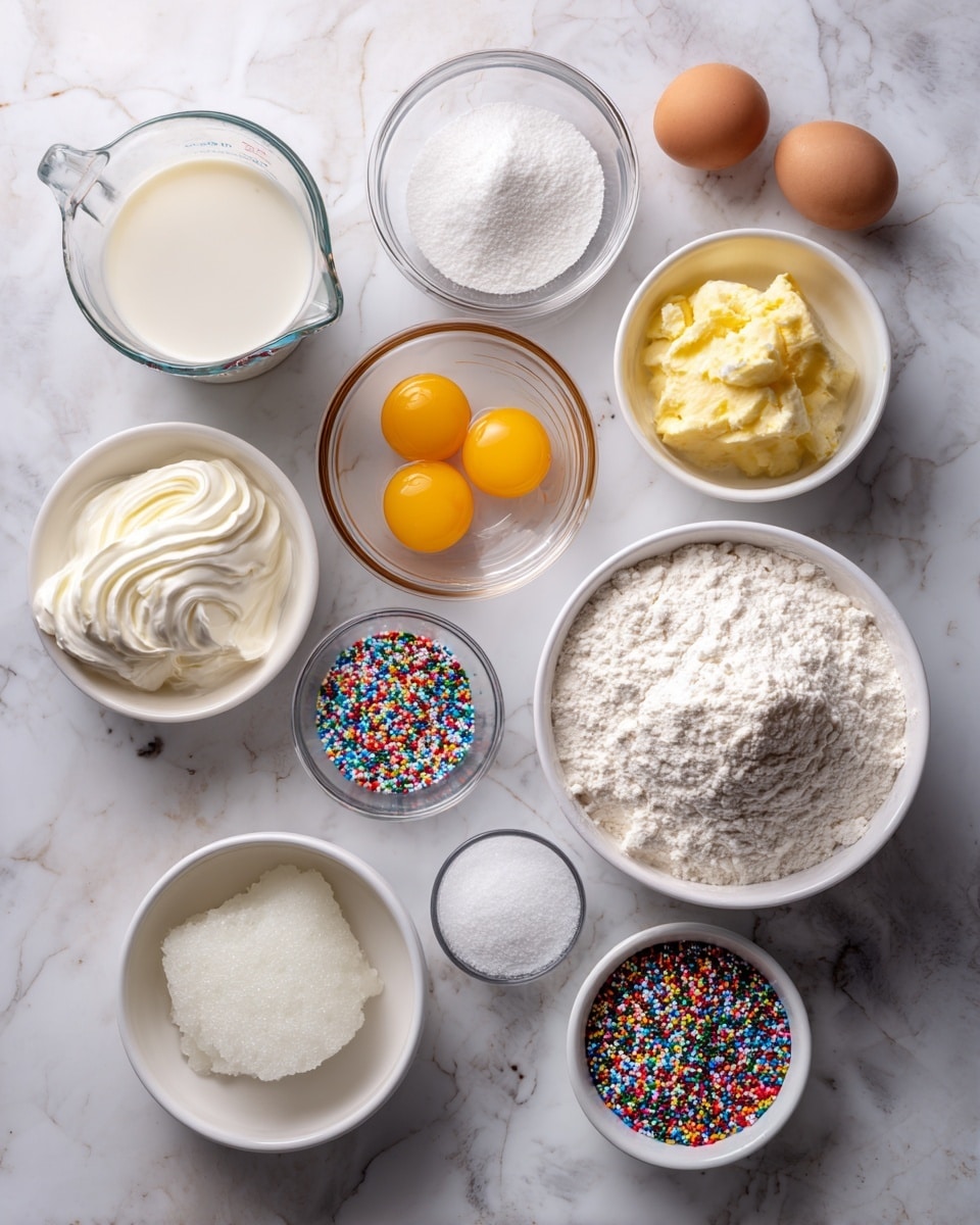 The image shows a white marbled surface with several small clear and white bowls arranged in a casual layout. There are large clear glass bowls filled with white flour and white sugar on the right side. Next to them, a smaller white bowl contains two raw yellow egg yolks. Above it, a small white bowl holds a light powder, likely baking powder, and next to that is a tiny white bowl with salt. A small clear bowl has colorful round sprinkles. On the left side, there is a clear measuring cup with milk and a white bowl with a white cream-like mixture. Another white bowl contains a translucent white solid, possibly shortening or lard. Photo taken with an iphone --ar 4:5 --v 7