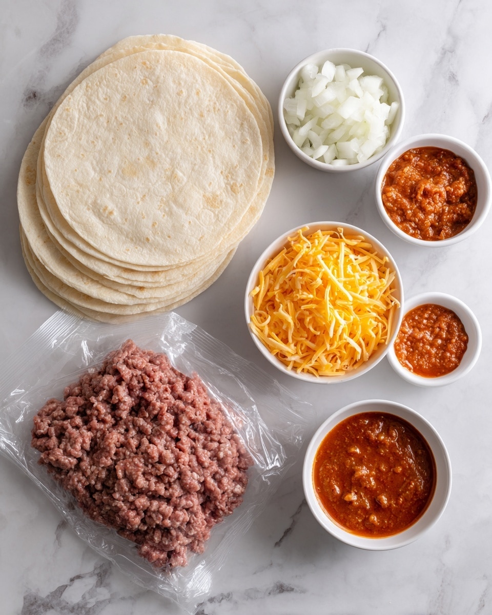 The image shows ingredients laid out on a white marbled surface, ready to make tacos. There are four soft white tortillas stacked on the top left. Below the tortillas lies a chunk of raw ground beef on clear plastic wrap. To the right, four small white bowls hold different ingredients: diced white onions, reddish-orange taco seasoning powder, chunky red salsa, and shredded bright orange cheddar cheese. Each bowl is neatly arranged side by side. photo taken with an iphone --ar 4:5 --v 7