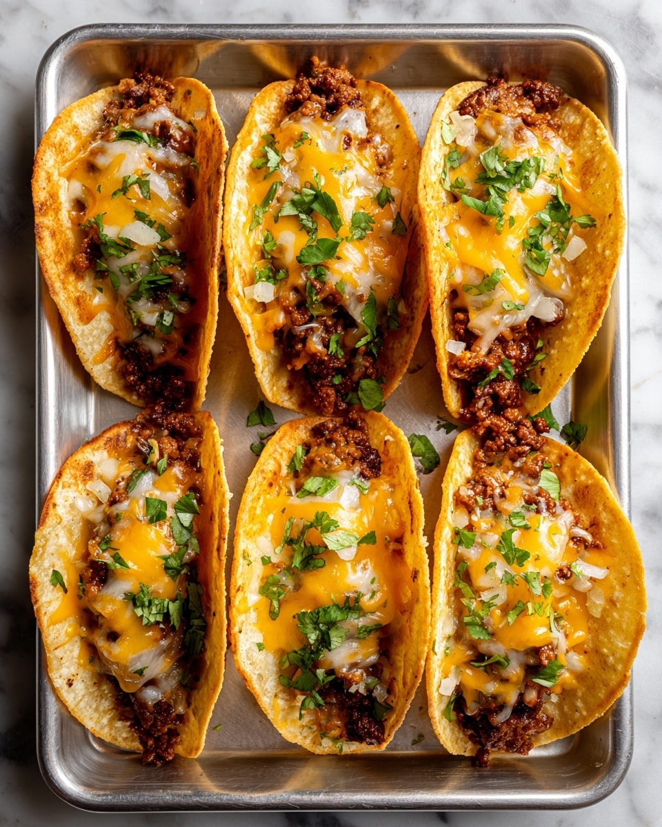 There are six folded taco shells arranged on a silver baking tray with a white marbled surface underneath. Each taco shell is light golden brown and looks crispy. Inside the shells is a dark brown meat filling with visible small bits and pieces. On top of each shell, there is melted cheese in bright orange and pale yellow colors, some parts stretching down the sides of the shell. The edges show some browned bits of cheese and meat spilling out. The overall look is warm, fresh, and savory, with slight crispiness on the shell edges. Photo taken with an iphone --ar 4:5 --v 7