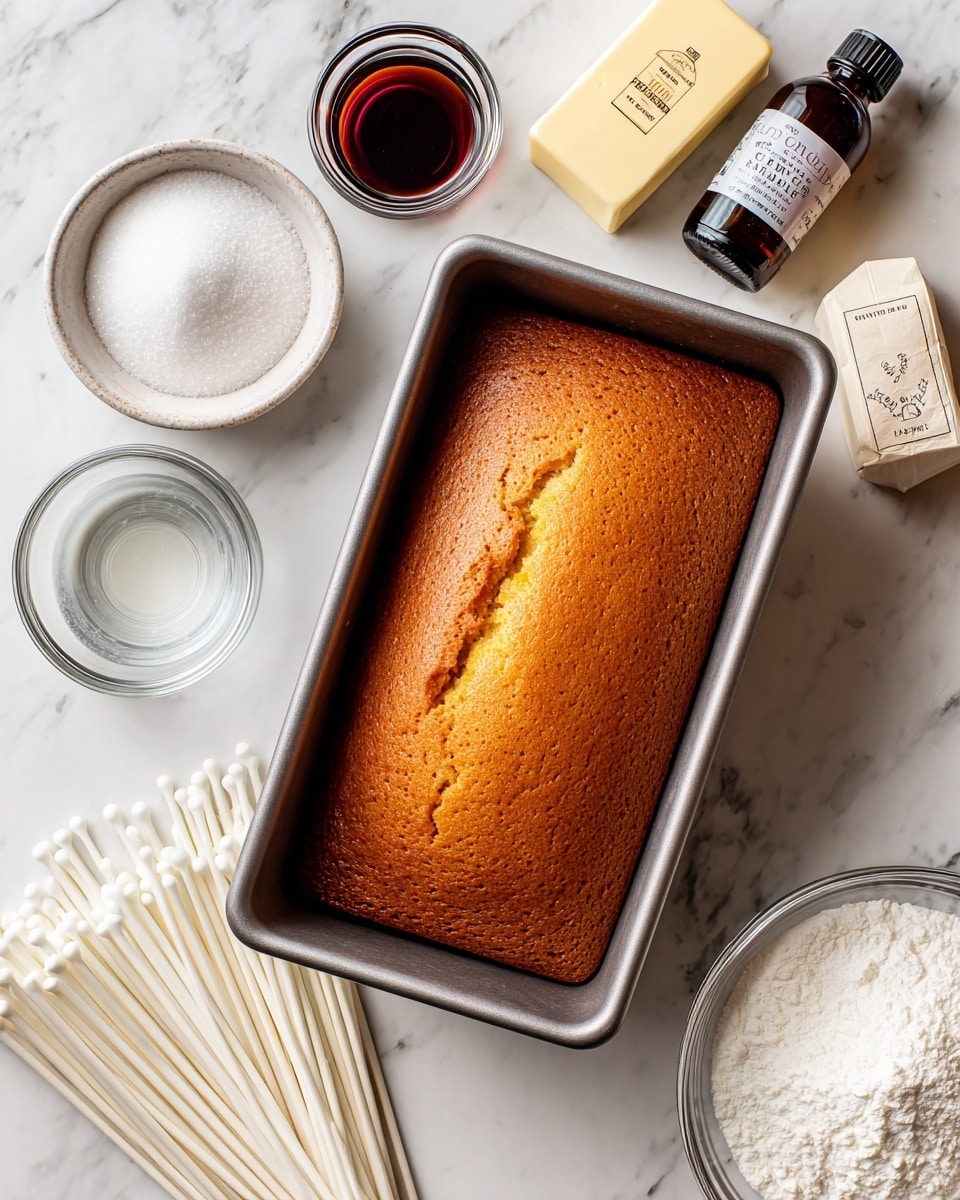 A rectangular golden brown cake with a smooth, slightly textured top is shown inside a metal baking pan placed on a white marbled surface. Around the pan, there are baking ingredients arranged: a stick of salted butter in cream-white packaging at the top right, a small open bottle of dark vanilla extract, a small clear bowl of white liquid, a larger clear bowl full of powdered sugar, and a bundle of white lollipop sticks at the bottom center. The scene is well-lit and clean. photo taken with an iphone --ar 4:5 --v 7