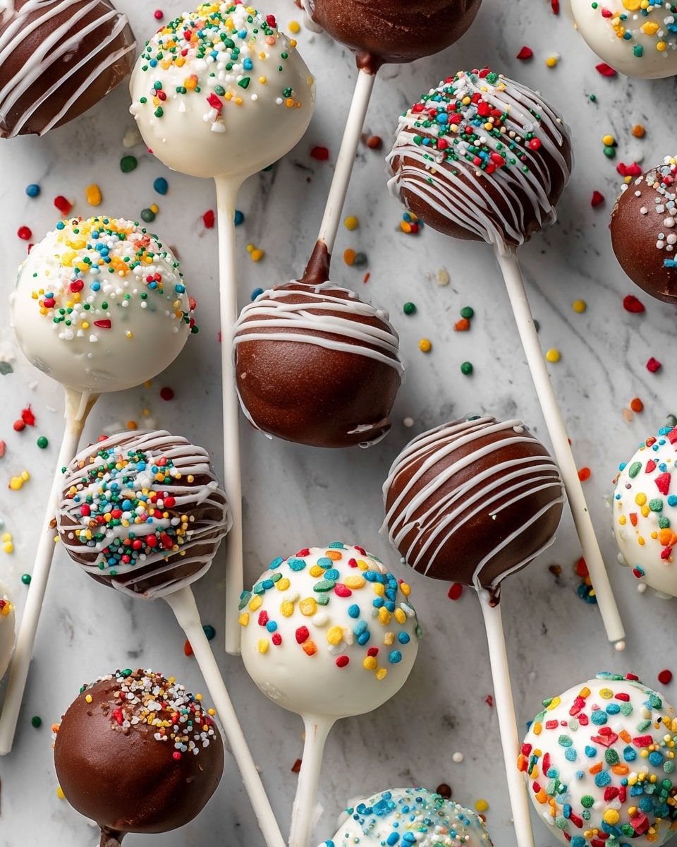 The image shows many cake pops arranged on a white marbled surface. Each cake pop has one white stick and is covered in either smooth dark brown chocolate or smooth white chocolate with colorful sprinkles on top. Some pops of dark brown chocolate are decorated with thin white chocolate drizzle, and some white chocolate pops have small, round colorful sprinkles evenly spread. The cake pops are scattered with space between each one, showing a bright and playful mix of dark and white coatings with sprinkles in red, green, blue, yellow, and orange colors. Photo taken with an iphone --ar 4:5 --v 7