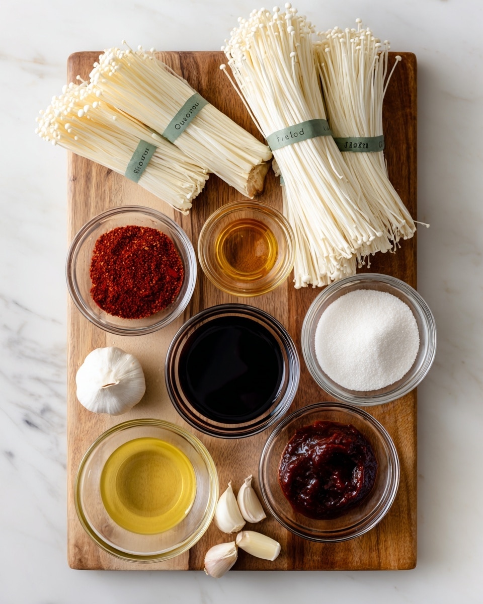 The image shows a wooden board with several ingredients laid out neatly. There are two bundles of long, thin white enoki mushrooms wrapped in plastic with green labels, positioned at opposite sides of the board. In small clear glass bowls, there are red chili powder (gochugaru), dark brown soy sauce, light golden sesame oil, clear rice vinegar, and a thick dark red paste (gochujang). Another small bowl contains white granulated sugar. Two garlic cloves are placed loosely beside the bowls. In a larger clear bowl near the bottom left, there is a pale yellow oil. All the ingredients are arranged with clear labels on the board in a bright and clean setting with a white marbled background. photo taken with an iphone --ar 4:5 --v 7