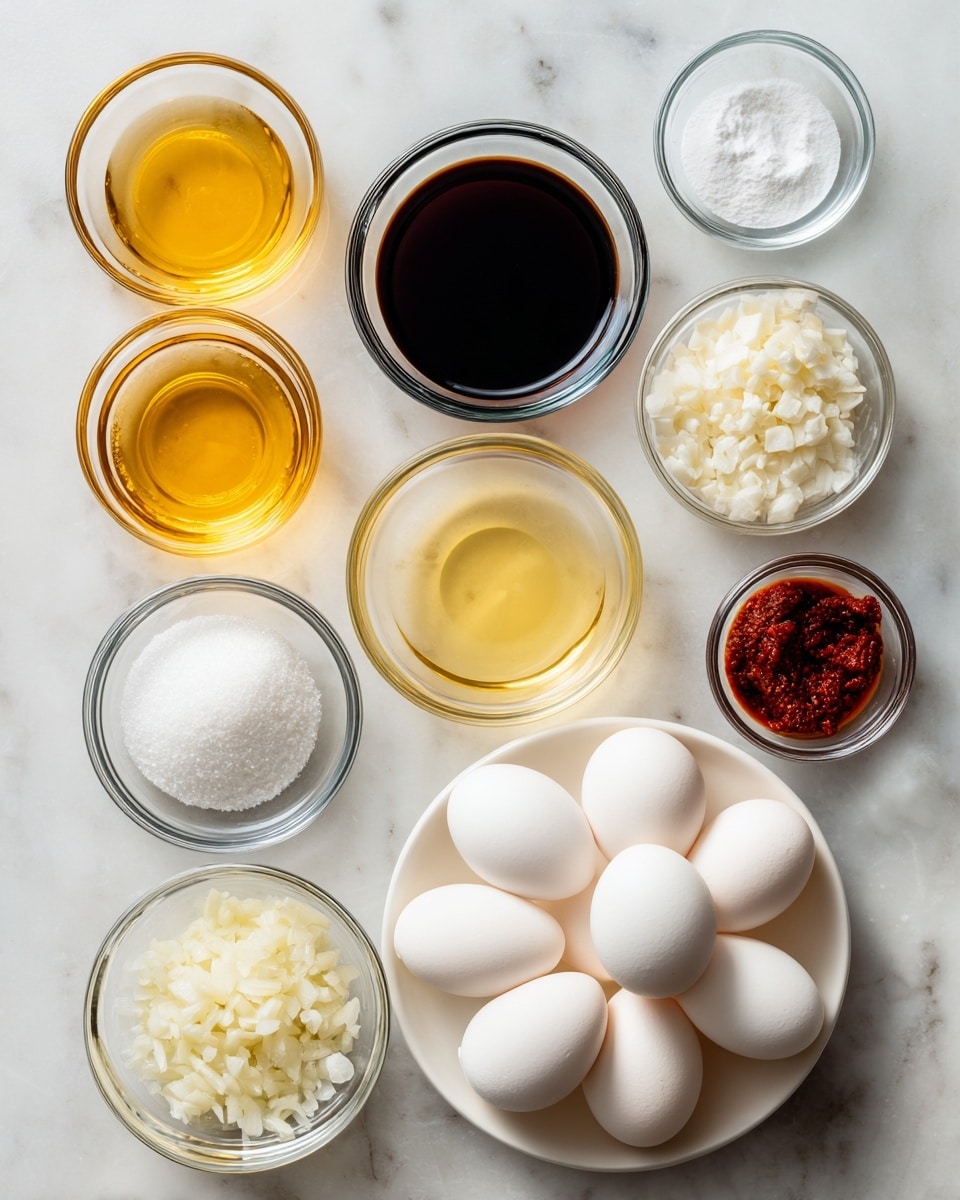 The image shows eight small clear glass bowls arranged on a white marbled surface. From left to right and top to bottom, the first small bowl contains clear oil, the second has light rice vinegar, the third holds dark soy sauce, the fourth contains white sugar crystals, the fifth has light yellow chicken stock, the sixth holds dark red gochujang paste, and the seventh bowl has small chopped white garlic pieces. To the right of these bowls is a white plate filled with nine whole white eggs. Each bowl's content is clearly visible, and the overall layout is neat and clean. photo taken with an iphone --ar 4:5 --v 7