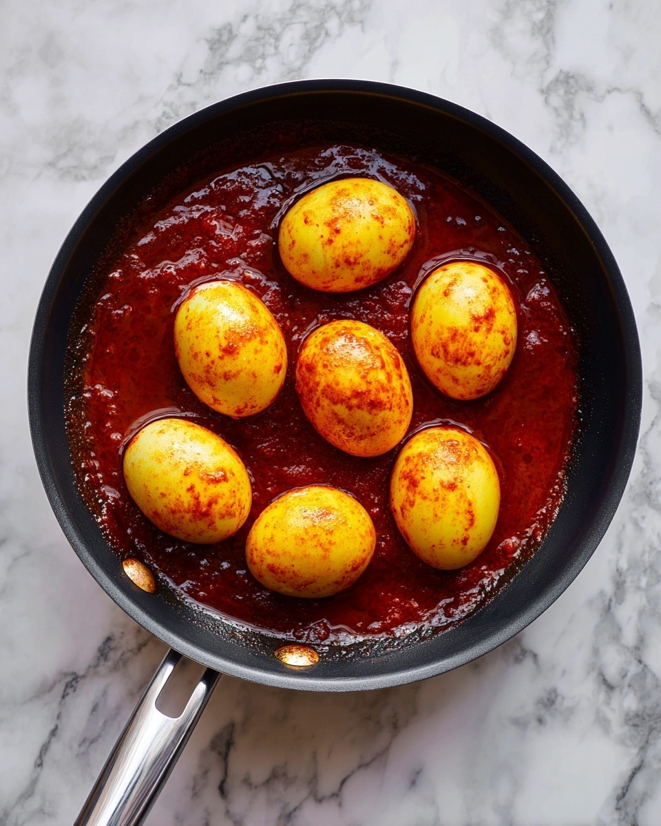 The image shows a black frying pan on a white marbled surface filled with a rich red sauce, and eight boiled eggs placed on top of the sauce. The eggs are coated lightly with the sauce, giving them a yellow-orange tint in places. The sauce is thick and glossy, bubbling slightly around the eggs, and the pan's handle is silver and extends to the left. photo taken with an iphone --ar 4:5 --v 7