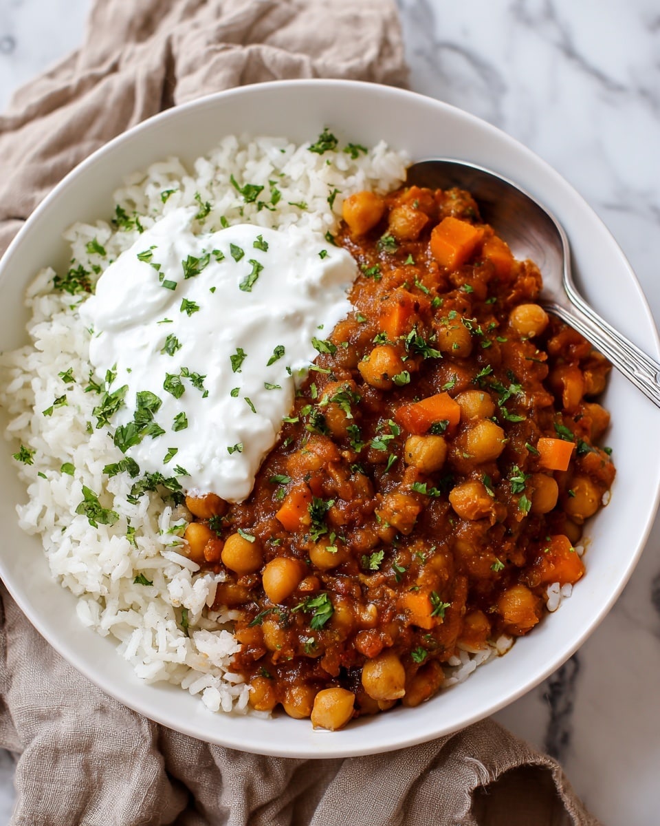 A close-up view of a white bowl filled with three layers of food on a white marbled surface. The bottom layer is a bed of fluffy white rice with soft texture. On top is a thick brown chickpea stew containing visible whole chickpeas and small chunks of orange sweet potato in a rich sauce. The stew has some chopped green herbs sprinkled throughout. A dollop of white creamy yogurt sits on one side of the stew, garnished with small green herb pieces. A silver spoon is partly placed inside the bowl on the right side. The bowl rests on a crumpled light brown cloth. photo taken with an iphone --ar 4:5 --v 7