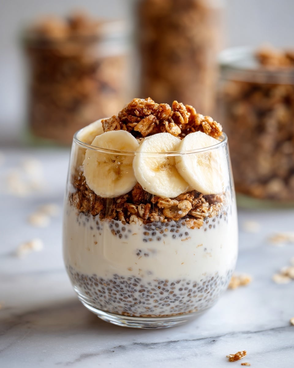 The image shows a small clear glass cup filled with three layers: the bottom layer is a creamy mixture with visible dark chia seeds and oats, the middle layer is similar but looks thicker and more textured, and the top layer includes a cluster of light brown granola pieces next to a few light cream-colored slices of banana, all arranged evenly inside the glass. The background is blurred with more granola jars, and the whole scene is set on a white marbled surface. photo taken with an iphone --ar 4:5 --v 7