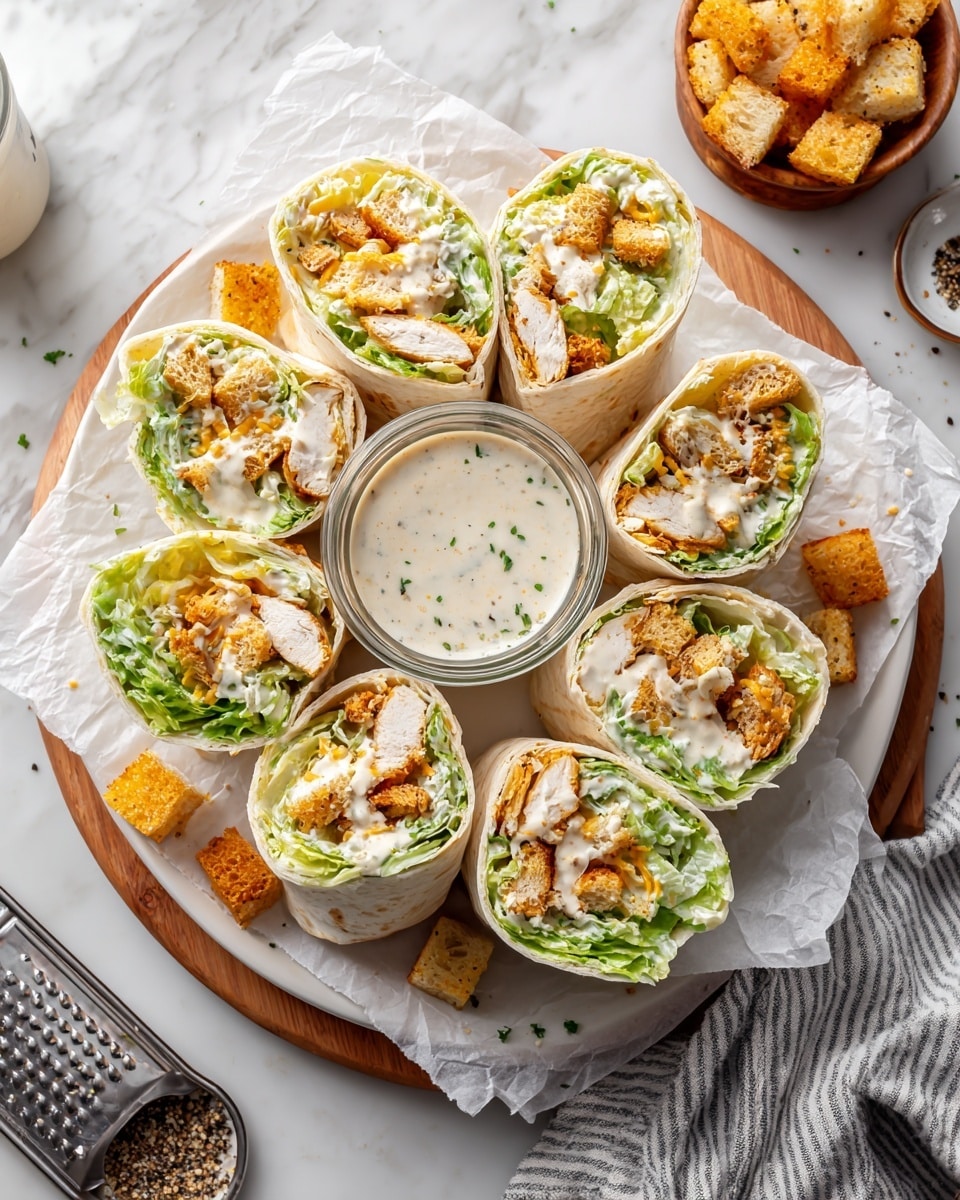 A white plate lined with white parchment paper holds six wrap halves filled with layers of white tortilla, light green lettuce, crispy golden-brown croutons, chunks of white cooked chicken, and a creamy white sauce with some shredded cheese on top in some pieces. The wraps are arranged around a small glass jar filled with a light beige creamy dressing speckled with herbs. Scattered golden-brown croutons sit around the wraps on the parchment paper. The plate rests on a wooden board on a white marbled surface with a gray and white striped cloth nearby, along with a metal grater and a small bowl of black pepper. Photo taken with an iphone --ar 4:5 --v 7