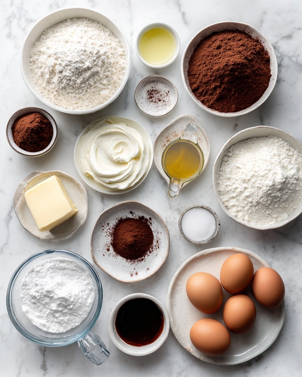 The image shows various baking ingredients neatly arranged on a white marbled surface. There is a total of 14 containers and items: starting from the top left corner, a white bowl filled with flour, two small white dishes with salt and baking powder, a small white bowl with cocoa powder, a measuring cup with light yellow oil, a larger white bowl filled with cocoa powder, a small white dish with vanilla extract, a stick of butter, a small silver dish with salt, a tiny white bowl with dark brown liquid, a measuring cup with white powdered sugar, a glass Pyrex measuring cup with sour cream, a white bowl full of granulated sugar, and a small round plate holding three brown eggs. The ingredients are spread out evenly and clearly visible, capturing a clean and organized baking setup. photo taken with an iphone --ar 4:5 --v 7