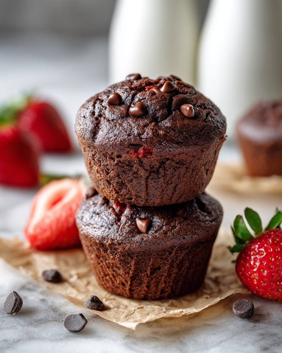 Two chocolate muffins are stacked on top of each other on a piece of brown parchment paper over a white marbled surface. The top muffin has small chocolate drops placed on its rounded, cracked dark brown surface with visible red strawberry bits inside. Around the stack, there are fresh red strawberries with green leaves and scattered small chocolate chips. Two more similar muffins sit blurred in the background next to tall white bottles. Photo taken with an iphone --ar 4:5 --v 7