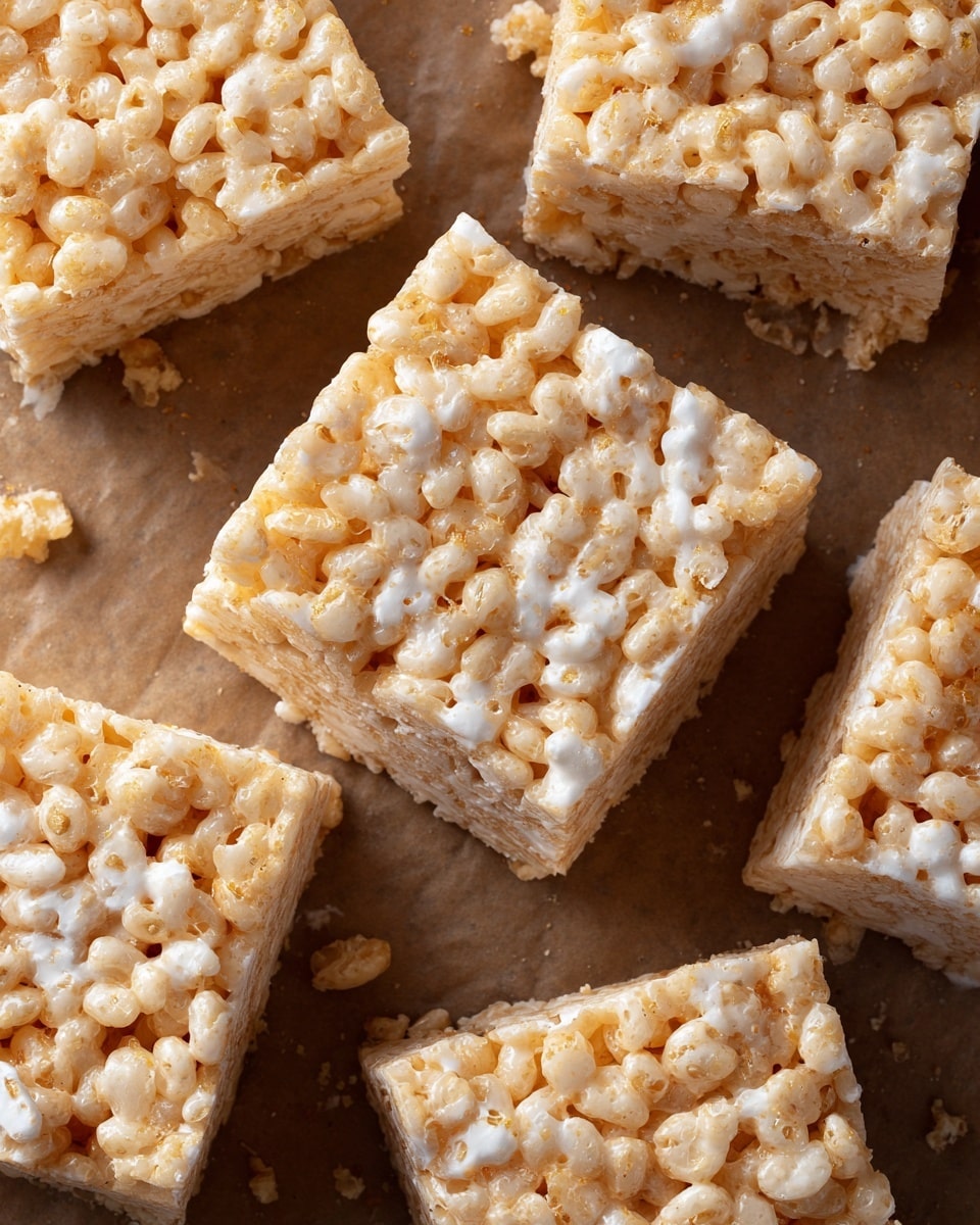 Several square pieces of crispy rice treats are shown from above, arranged close together on a brown textured surface. Each piece has one layer made of tightly packed, puffy white and light beige crispy rice cereal held together with a shiny, sticky marshmallow layer, giving them a soft but firm look. The surface texture is bumpy with visible small cereal grains and a glossy finish from the marshmallow. Some small crumbs are scattered around the squares, enhancing the sense of texture. Photo taken with an iphone --ar 4:5 --v 7
