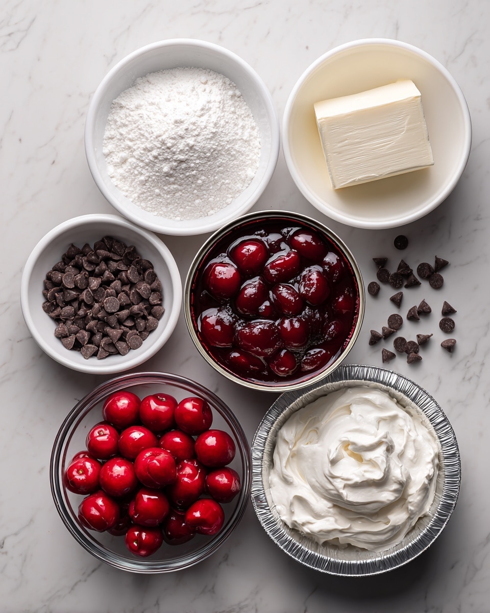 The image shows six ingredients arranged on a white marbled surface: a 9-inch dark chocolate pie crust in a foil pie pan at the bottom right, a white bowl of smooth white powdered sugar at the top left, a white bowl with a block of cream cheese to the right of the powdered sugar, an open can of dark red cherry pie filling with visible whole cherries at the top center, a clear glass bowl of bright red glossy cherries to the right of the cream cheese, and a container of white cool whip left of the pie crust. Near the center is a small white bowl filled with small dark brown mini chocolate chips, a few chips scattered nearby. Photo taken with an iphone --ar 4:5 --v 7