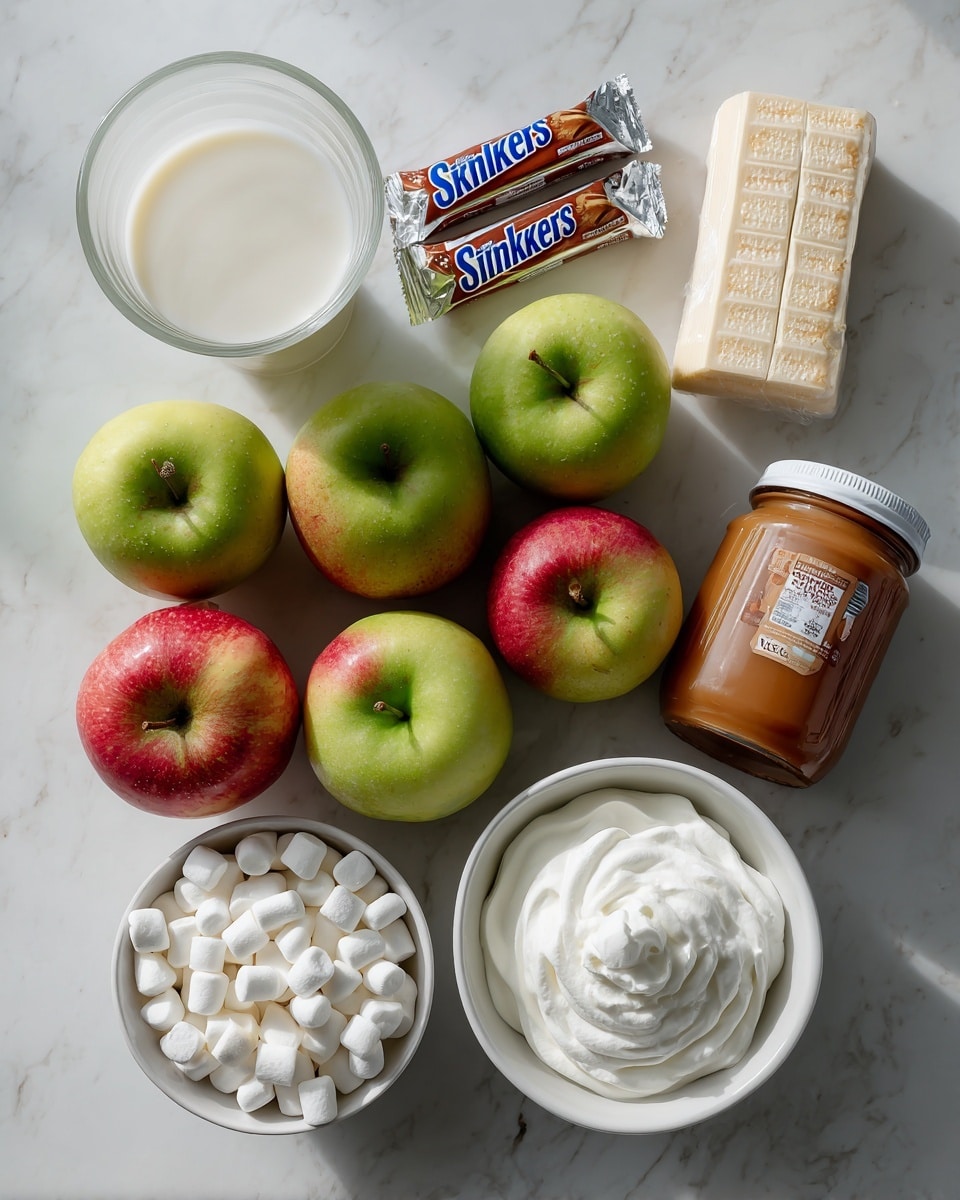 A top view of various ingredients arranged neatly on a white marbled surface, including six apples with a mix of green and red colors clustered in the center, a white bowl filled with fluffy white cool whip at the bottom right, a smaller white bowl filled with white mini marshmallows at the bottom left, a glass of milk at the top left, two Snickers bars laying flat beside the milk, a block of cream cheese wrapped in silver foil near the top center, a brown packet labeled as instant vanilla pudding near the top right, and a jar of caramel with a golden brown color to the right of the apples, all spaced evenly with soft natural lighting casting gentle shadows photo taken with an iphone --ar 4:5 --v 7