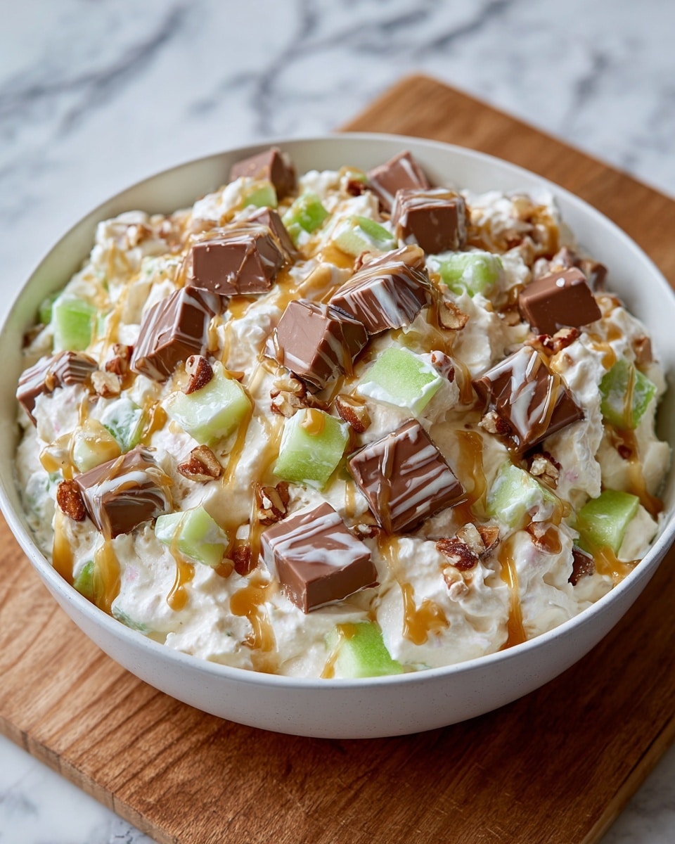 A large white bowl is full of a creamy, chunky mixture that has several layers of texture and color. The base layer is a thick, white creamy mixture with a smooth and fluffy texture. Mixed within the cream are small, crisp pieces of green apple, adding bright green color and a firm shape throughout the dish. Scattered on top and throughout the mix are chunks of chocolate candy bars with shiny, striped chocolate and visible pieces of nuts inside. The whole dish is drizzled with a golden caramel sauce that creates thin, shiny lines over the creamy surface and candy pieces. The bowl sits on a wooden surface with a white marbled background. Photo taken with an iphone --ar 4:5 --v 7
