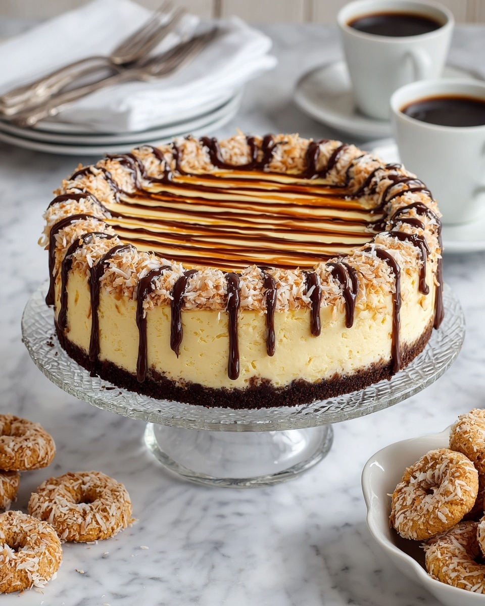 A round cheesecake with three clear layers sits on a glass cake stand over a white marbled surface. The bottom layer is a dark crumbly crust, the middle layer is a thick smooth pale yellow cheesecake, and the top layer is a light brown shredded coconut layer. On top of the shredded coconut layer are alternating drizzles of shiny dark chocolate and caramel sauce in straight lines from one side to the other. Around the cake stand are several round cookies with a hole in the middle, coated in coconut flakes and drizzled with dark chocolate, matching the cake’s top pattern. In the background, there are two white coffee cups filled with dark coffee, a white stack of plates with three metal forks on top, and a white bowl filled with more coconut cookies. A woman's hand is gently holding one of the cookies beside the bowl. The whole scene is on a white marbled surface. photo taken with an iphone --ar 4:5 --v 7
