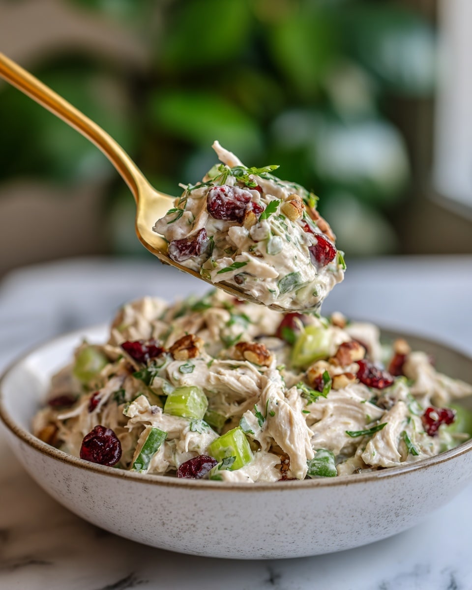 The image shows a close-up of a creamy chicken salad scoop held by a gold spoon above a white bowl filled with more of the salad. The salad has shredded white meat chicken mixed with small pieces of light green celery, bright red dried cranberries, and chopped nuts, all coated in a light, creamy dressing. Bits of fresh green herbs are visible throughout. The bowl sits on a white marbled surface, and the background is softly blurred with green plants. Photo taken with an iphone --ar 4:5 --v 7