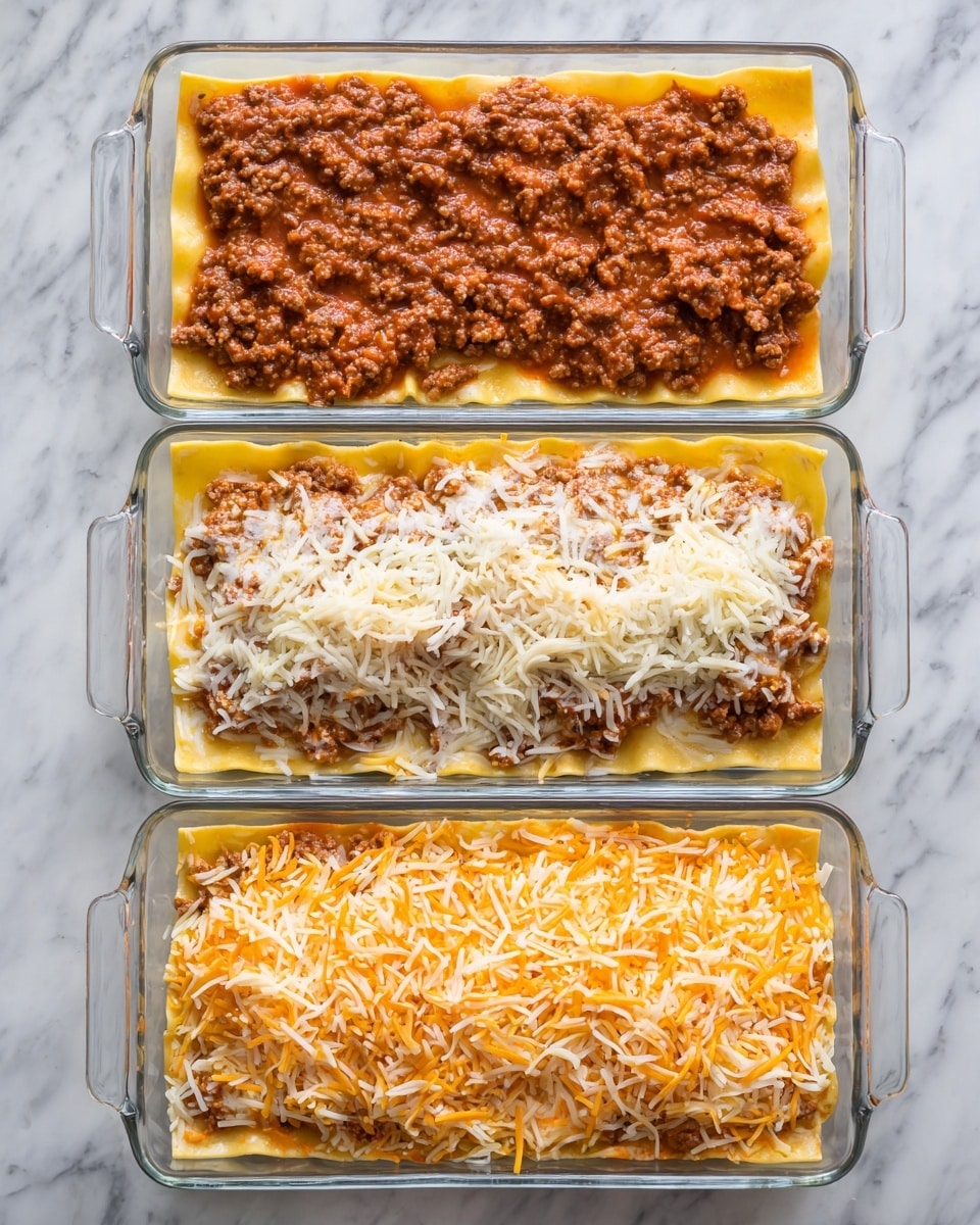 The image shows three stages of making a lasagna in a clear glass baking dish placed on a white marbled surface. In the first stage, three yellow lasagna sheets are laid flat side by side, covering most of the dish's bottom. In the second stage, a layer of brown, cooked ground meat sauce with a slightly chunky texture is spread evenly on top of the lasagna sheets, leaving a few gaps where the yellow pasta shows through. In the third stage, a thick layer of shredded cheese in white and orange varieties completely covers the meat sauce layer, with the cheese spread evenly to the edges of the baking dish. Photo taken with an iphone --ar 4:5 --v 7