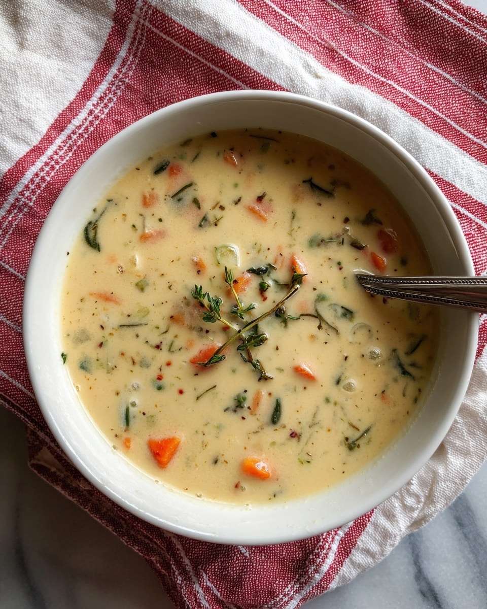 A white bowl filled with a creamy soup showing small pieces of orange carrots, green herbs, and tiny bits of other vegetables floating in the light beige broth. The soup has a smooth but slightly chunky texture, coating the inside of the bowl. The bowl rests on a red and white striped cloth, with a white marbled surface below it. photo taken with an iphone --ar 4:5 --v 7