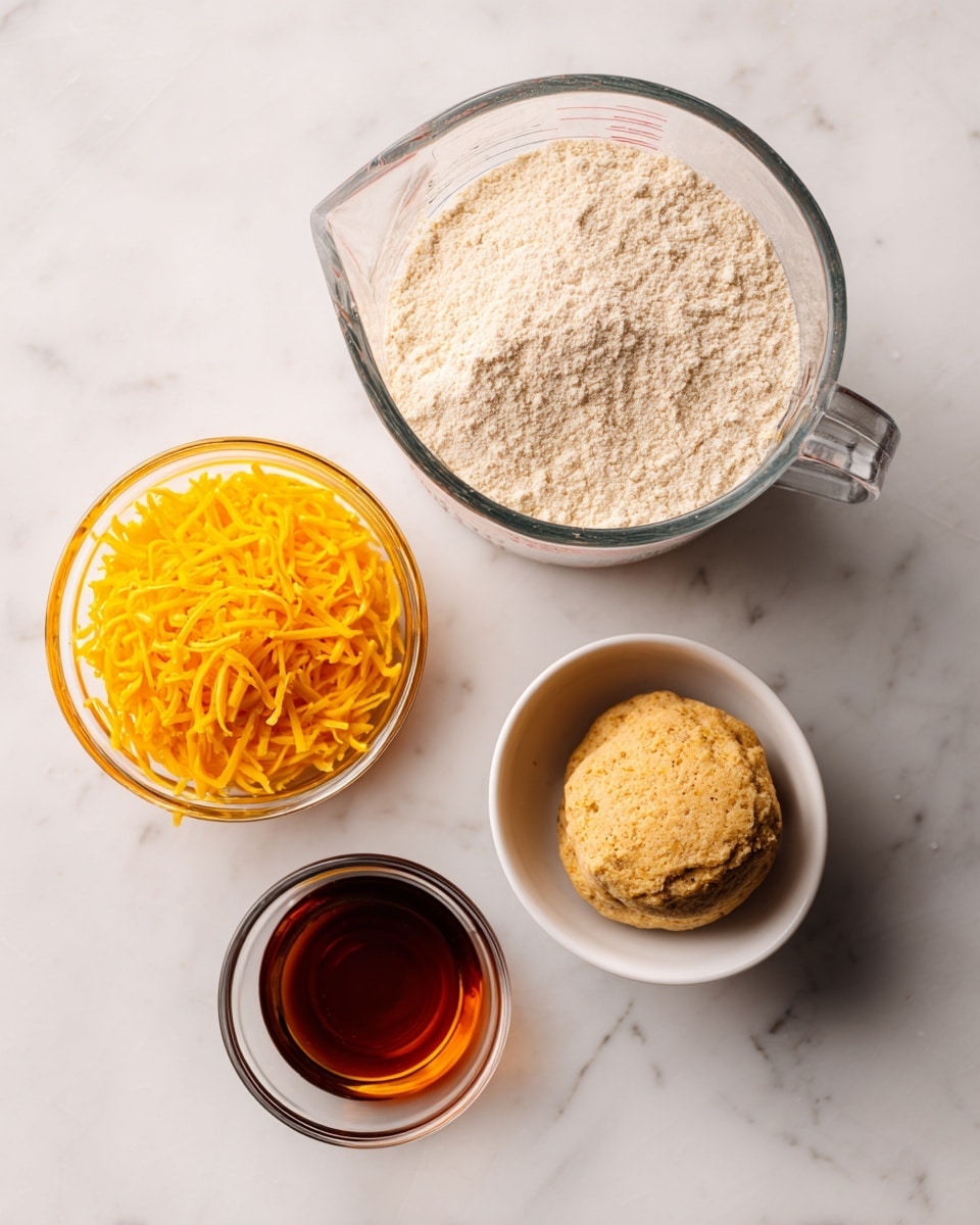 A clear glass measuring cup filled with light beige pancake mix sits at the top center. Below it to the left is a small clear bowl with bright yellow shredded cheddar cheese. To the right of the cheese is a small clear bowl filled with amber maple syrup. On the right side, there is a large white bowl holding a single light brown breakfast sausage with a textured surface. All items are placed on a white marbled surface. photo taken with an iphone --ar 4:5 --v 7