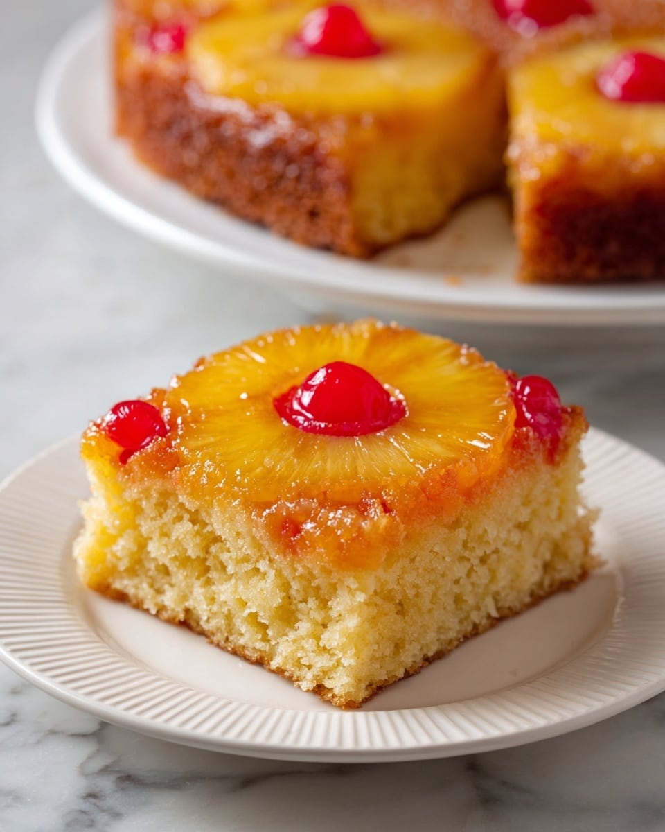 A square slice of pineapple upside-down cake is shown on a white plate with ridged edges. The cake has two main visual layers: the bottom layer is a golden-brown, soft-textured cake, and the top layer consists of a shiny, caramelized yellow pineapple ring with a bright red cherry in the middle. The pineapple ring covers almost the entire top surface of the slice, and the cherry sits perfectly centered inside the ring. The background shows part of the larger cake with additional pineapple rings and cherries on a white marbled surface. photo taken with an iphone --ar 4:5 --v 7