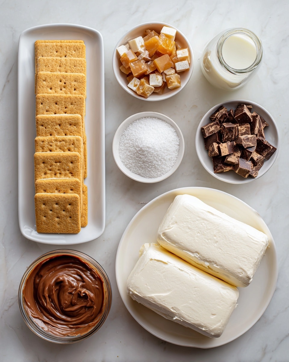 The image shows an overhead view of ingredients neatly arranged on a white marbled surface. On the left, a rectangular white plate holds a stack of square golden-brown crackers lined up closely. To the right, a round white plate contains two large blocks of creamy white cream cheese. Surrounding these plates are several small white bowls and glass containers, each filled with different items: smooth dark brown chocolate spread, chopped pieces of chocolate candy with caramel inside, white granulated sugar, smooth caramel sauce, powdered sugar, and a thick chocolate spread. There is also a small glass jar with light cream or milk. The overall setup is clean and organized, showcasing each ingredient clearly with varied textures and colors—mainly white, brown, and yellow tones. Photo taken with an iphone --ar 4:5 --v 7