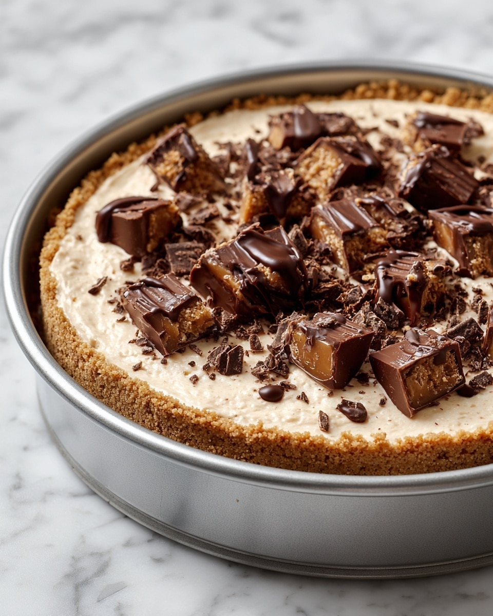 This image shows a dessert with three clear layers inside a round metal pan. The bottom layer is made of light brown crumbly crust pressed to form the base and sides. Above the crust is a thin dark brown layer that looks smooth and rich. The thick top layer is creamy and pale with small dark bits mixed in, and it is topped with broken chunks of chocolate-covered caramel pieces that look shiny and drizzled with extra dark chocolate. The background is a white marbled texture. Photo taken with an iphone --ar 4:5 --v 7