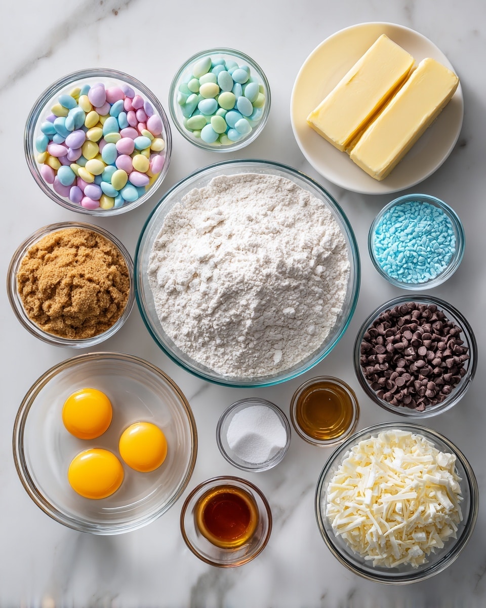 The image shows several clear glass bowls and a white plate arranged neatly on a white marbled surface. In the center is a large glass bowl filled with white flour. Surrounding it are smaller glass bowls holding brown sugar mixed with white sugar, shredded coconut, pastel-colored candy-coated almonds in soft yellows, blues, pinks, and whites, chocolate chips, and white powder which may be baking soda or baking powder. A white plate holds two sticks of yellow butter. Another small bowl contains two raw eggs with bright yellow yolks, and two more tiny bowls contain white granulated sugar and a dark amber liquid, possibly vanilla extract or syrup. Everything is cleanly arranged and well lit, with a fresh and simple look. Photo taken with an iphone --ar 4:5 --v 7