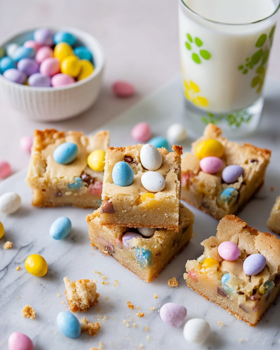 The image shows several square blondie bars with a golden brown top, scattered on a white marbled surface. Each bar has visible layers of light yellow dough mixed with pieces of chocolate and colorful candy-coated mini eggs in pastel shades of yellow, blue, pink, and white. Around the bars are loose pastel candy eggs and small crumbs. On the left side, there is a small white bowl filled with the same pastel candy eggs. On the right, there is a clear glass filled with white milk and decorated with green and yellow flower patterns. The overall look is bright, with a soft focus on the texture and vibrant colors. photo taken with an iphone --ar 4:5 --v 7