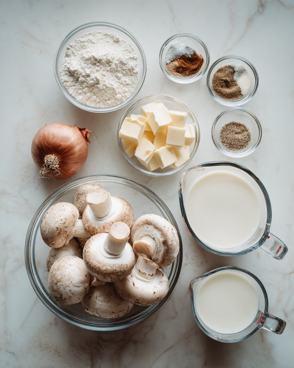 The image shows a white marbled surface with seven clear glass bowls and one white bowl arranged neatly. In the center, a clear glass bowl holds whole white mushrooms with smooth, pale caps. To its right are two clear glass measuring cups; one contains white milk, the other has cream with a slightly off-white color. Above the mushrooms, a small white bowl holds ground nutmeg, salt, and pepper, each as tiny separate piles with brown, white, and black tones respectively. To the upper left, a small clear bowl with white flour sits next to a clear bowl with yellow butter cubes. A single shallot with a reddish-brown skin lies toward the bottom left. All ingredients are evenly spaced, and the scene is softly lit, showing texture on the mushrooms and smooth surfaces of the liquids. photo taken with an iphone --ar 4:5 --v 7