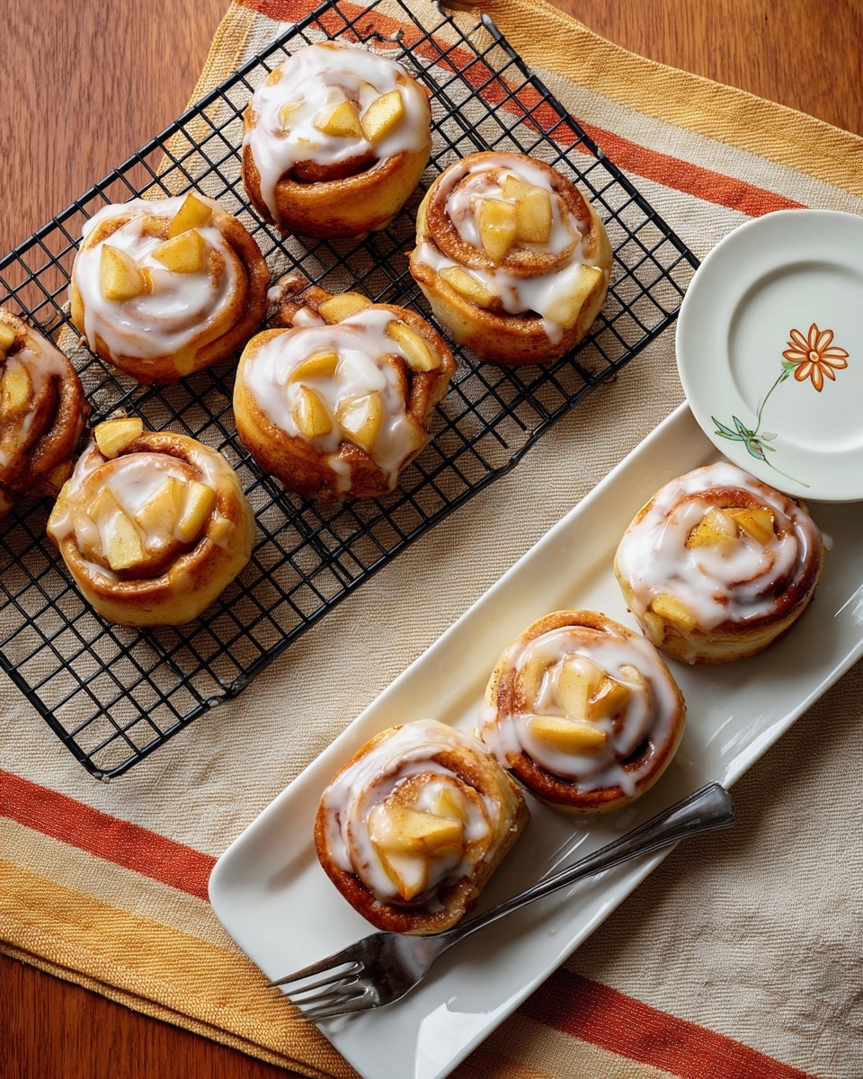 The image shows eight small cinnamon rolls topped with white icing and slices of cooked apple. Five rolls are on a black cooling rack placed on a wooden surface, while three are arranged vertically on a long white rectangular plate. The rolls have a light golden brown color with shiny apple slices and smooth white icing dripping over the sides. To the right, there is a white plate with a simple flower design and a fork resting on it, placed on a beige cloth with orange stripes. The overall scene is warm and inviting, with a mix of soft and shiny textures. Photo taken with an iphone --ar 4:5 --v 7