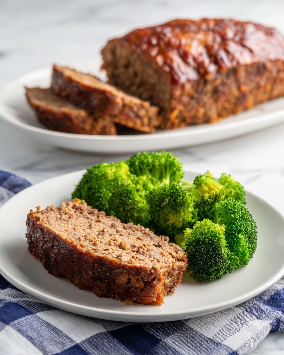 The image shows a white plate on a white marbled surface with two main parts: a thick slice of brown meatloaf with a coarse, slightly crumbly texture on the right, and bright green steamed broccoli florets with a fresh and slightly shiny look on the left. In the background, there is a white oval plate holding the remaining unsliced portion of meatloaf, covered in a golden-brown crust. A checkered blue and white cloth is partially visible under the plates. The photo taken with an iphone --ar 4:5 --v 7