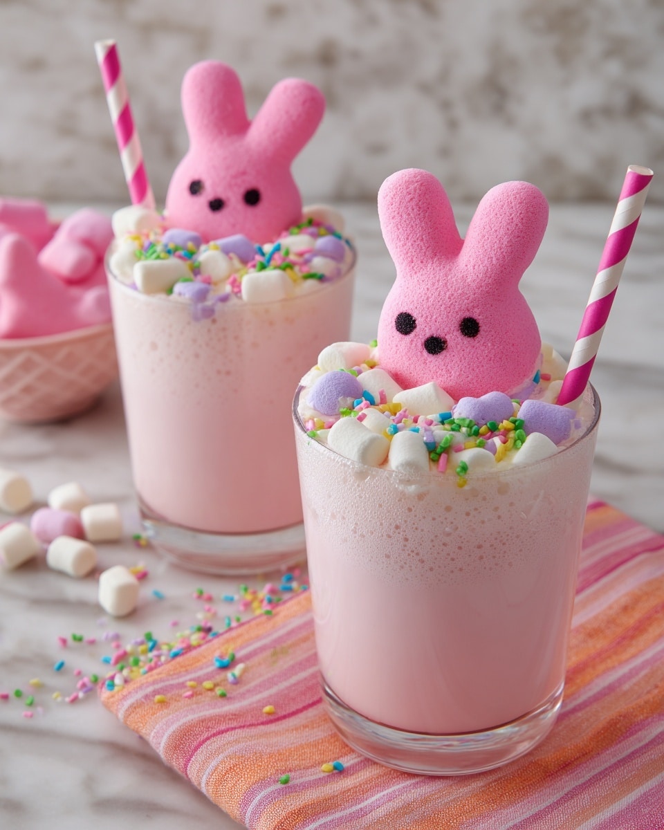 Two clear glasses are filled with a light pink foamy drink as the base layer. On top, there is a layer of white mini marshmallows mixed with small round colorful sprinkles in green, purple, blue, and pink. Each glass has a bright pink marshmallow shaped like a bunny with small dark brown dots for eyes and nose, positioned upright, leaning slightly on the marshmallows. A pink and white striped paper straw stands behind the bunny in each glass. The scene is set on a white marbled surface with soft pink and orange striped and solid pink cloths nearby. Photo taken with an iphone --ar 4:5 --v 7