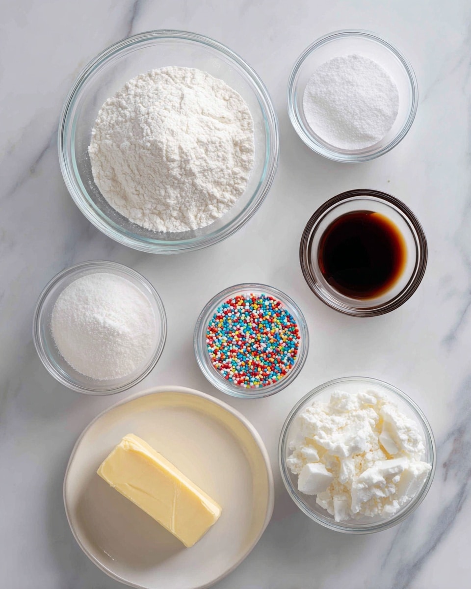 The image shows six clear glass bowls and one white plate arranged on a white marbled surface. The top left bowl contains a white powdery substance, likely flour. To the right of it, a smaller bowl holds a dark brown liquid, possibly vanilla extract, and next to it is another small bowl filled with colorful round sprinkles. At the bottom left, a bowl filled with a white powdery substance, which looks like powdered sugar, is present. In the middle bottom, a white plate holds a block of pale yellow butter. Lastly, the bottom right bowl contains a white flaky substance, possibly cornstarch or another type of flour. The overall setup is clean and bright with a focus on different baking ingredients. photo taken with an iphone --ar 4:5 --v 7