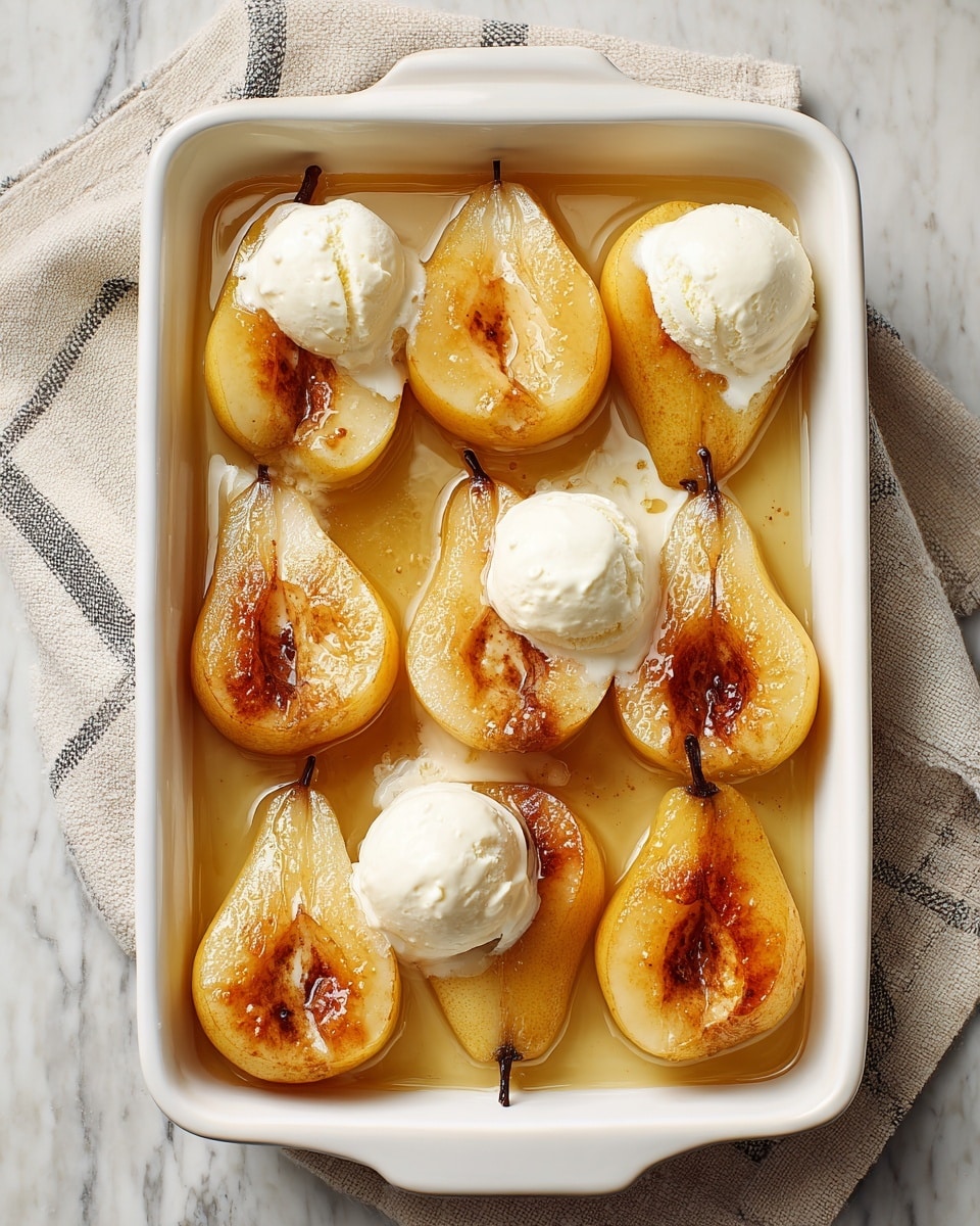 The image shows a white rectangular baking dish filled with eight baked pear halves arranged in a single layer. The pears have a golden-brown baked surface with some darker caramelized spots in the center. Four of the pears have a smooth scoop of white vanilla ice cream on top, melting slightly. The inside of the pears is soft and glistening with a light syrup around them in the dish. The dish is placed on a white marbled surface with a beige cloth with grey stripes partially visible on the side. Photo taken with an iphone --ar 4:5 --v 7
