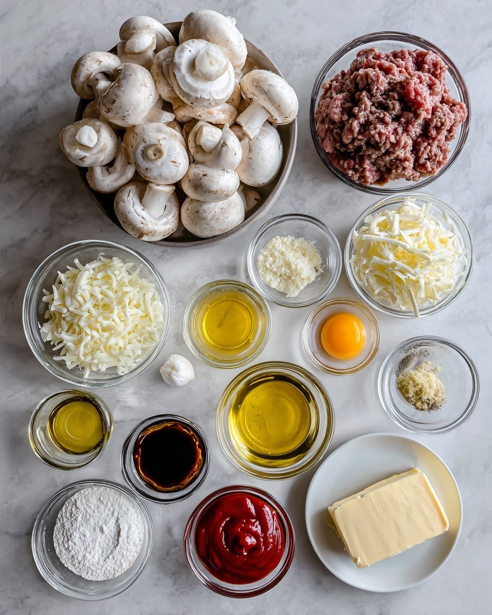 The image shows a flat lay of various cooking ingredients placed on a white marbled surface. There are two main bowls, one with fresh whole white mushrooms and the other with a mound of raw ground meat in a darker bowl. Around these, there are smaller clear glass bowls containing different ingredients: shredded white cheese, chopped white onions, bright red ketchup, golden olive oil, a cracked raw egg with a clear yolk, clear broth, and white flour. There are also small bowls of finely minced garlic, pale yellow mustard, dark brown soy sauce, and a white plate with a chunk of pale yellow butter. The layout is neat and organized, with all items clearly visible. photo taken with an iphone --ar 4:5 --v 7