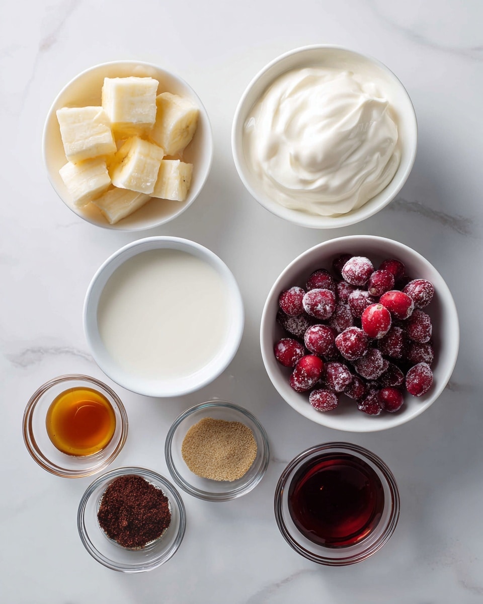 The image shows five items arranged on a white marbled surface: a clear bowl filled with shredded white coconut on the top left, a measuring cup with mini white marshmallows beneath it, a small clear bowl with a dark liquid beside the marshmallows, a clear plastic bottle of light corn syrup with a red and yellow label in the center right, and a purple bag of milk chocolate melting wafers featuring images of chocolate candies and strawberries on the far right. photo taken with an iphone --ar 4:5 --v 7