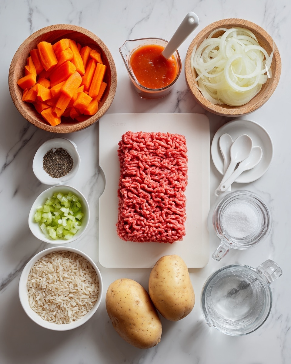 The image shows a top view of ingredients neatly arranged on a white marbled surface. In the center is a white cutting board with a rectangular block of red lean ground beef. Above it, there is a small white bowl with dried parsley and a white spoon. To the left are a wooden bowl filled with bright orange carrot slices and a small glass container of tomato soup with a spout. Below the carrots is a white bowl with chopped light green celery, and beneath that is a small white bowl of ground black pepper with a white spoon. On the right side of the cutting board, there is a wooden bowl filled with white rings of yellow onion, and next to it is a clear glass measuring cup of water. Below these, a white bowl holds uncooked long grain rice, and next to it is a small white bowl of salt with a white spoon. At the bottom center are two large light brown potatoes, side by side. The scene is clean, with clear labels over each ingredient in black and white text. Photo taken with an iphone --ar 4:5 --v 7
