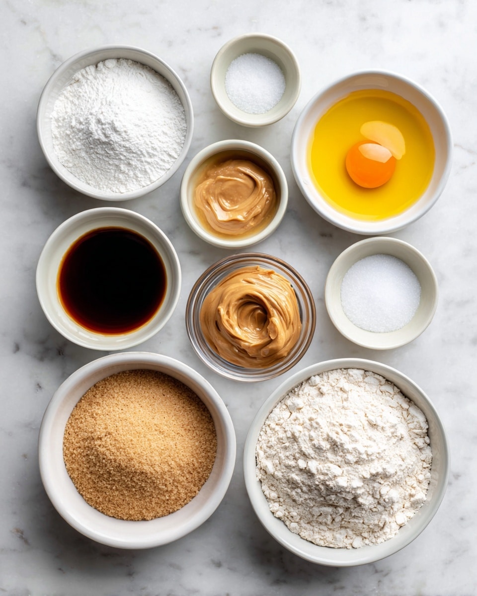The image shows eight small white bowls arranged on a white marbled surface. Each bowl holds a different baking ingredient: one bowl has white powdery baking soda, another has bright yellow melted butter, another with a small amount of white salt, a bowl with dark brown vanilla extract, a small glass bowl with thick creamy light brown peanut butter, a bowl filled with light brown sugar that looks soft, a bowl full of white all-purpose flour with a slightly lumpy texture, and one bowl contains a raw egg with the orange yolk and clear white visible. Also, a final white bowl filled with white sugar sits at the bottom right. Photo taken with an iphone --ar 4:5 --v 7