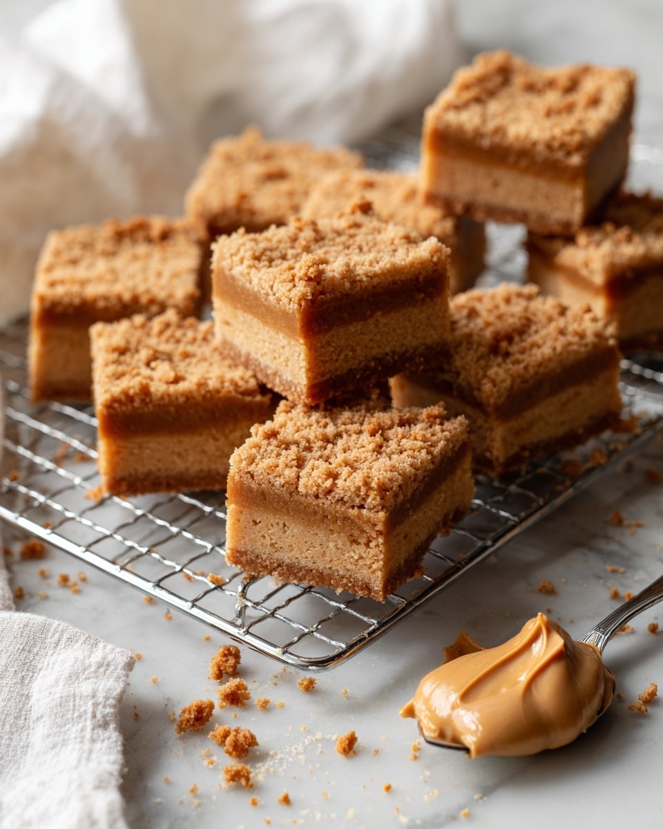 This image shows about twelve square pieces of light brown peanut butter bars with a slightly cracked, crumbly top layer, stacked and spread on a wire cooling rack. The bars have two visible layers: a slightly darker, dense base and a lighter top crust. Some crumbs are scattered on the white marbled surface around the rack. To the bottom right, a silver spoon holds a large dollop of creamy peanut butter. A white cloth is partially visible in the top left corner. photo taken with an iphone --ar 4:5 --v 7