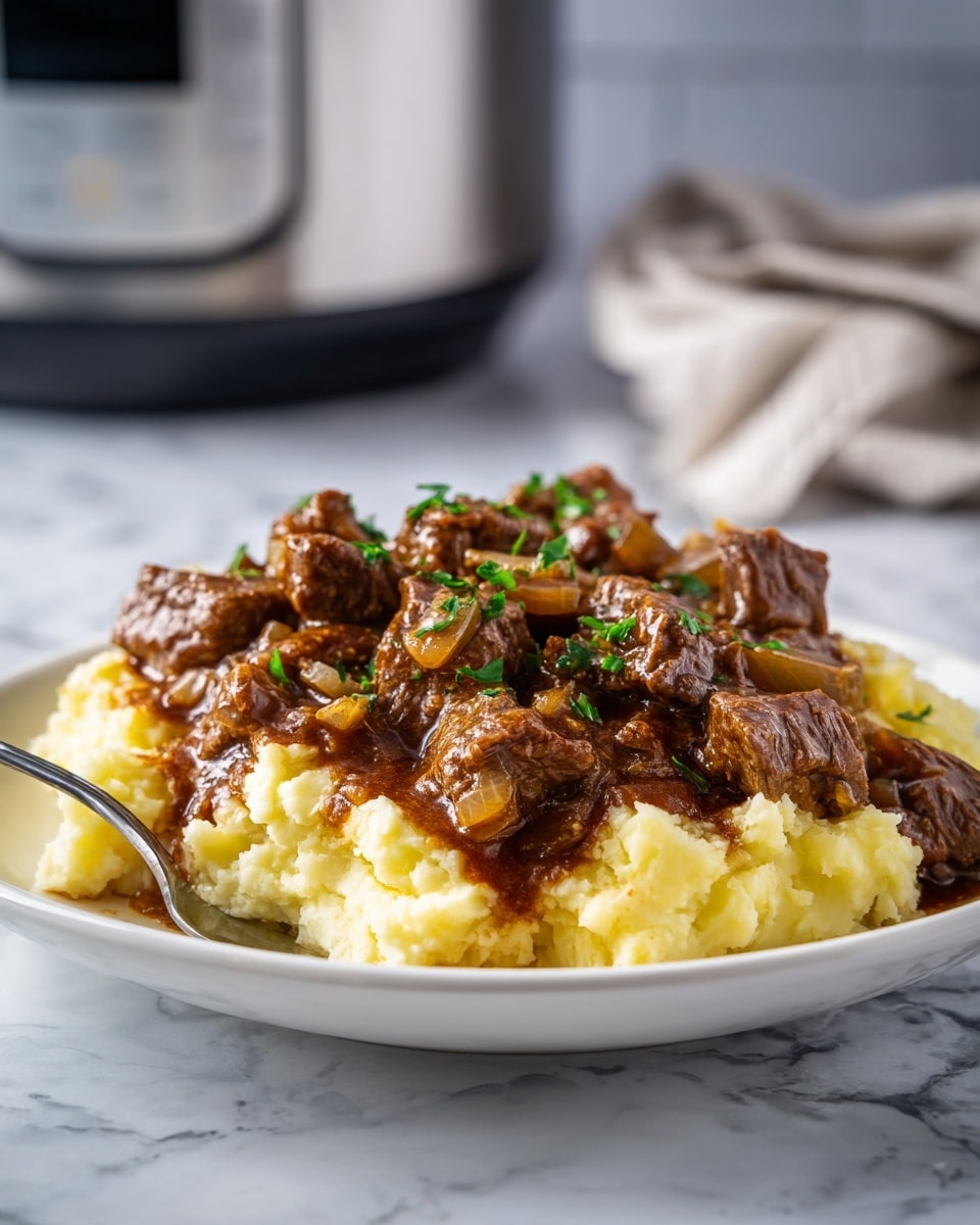 The dish shows a white plate filled with two main layers: the bottom layer is light yellow mashed potatoes with a soft, fluffy texture. On top, there is a thick brown beef stew with visible chunks of tender meat coated in rich sauce, mixed with cooked onions and small bits of green herbs sprinkled over the whole dish. A silver fork is partially inserted into the mashed potatoes on the left side of the plate. The background features a white marbled surface and a blurred kitchen appliance. Photo taken with an iphone --ar 4:5 --v 7