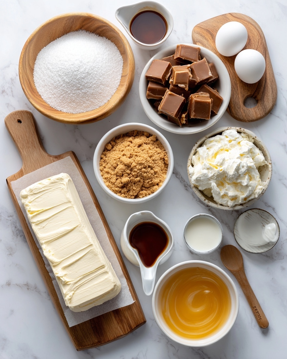 A top-down view shows various ingredients for a dessert arranged neatly on a white marbled texture surface. In the center, there is a wooden bowl filled with white granulated sugar. Above it is a white bowl full of chopped Snickers candy bars in brown and caramel colors. To the right, two white eggs rest on a small wooden tray with a natural grain texture. Below the eggs is a small white bowl filled with light tan crushed graham crackers. Next to it, a small white cup holds dark brown vanilla extract. Above the vanilla extract, a wooden spoon contains white all-purpose flour. On the left side, a wooden cutting board topped with parchment paper holds two thick slabs of white cream cheese. Above this, a small silver measuring cup contains white sour cream. Above that are two tiny white pitchers, one with light golden caramel syrup and the other with dark brown chocolate syrup. Near the center-right, a small white bowl contains melted salted sweet cream butter with a smooth yellow texture. The setup is clean and bright with all items spaced apart clearly photo taken with an iphone --ar 4:5 --v 7
