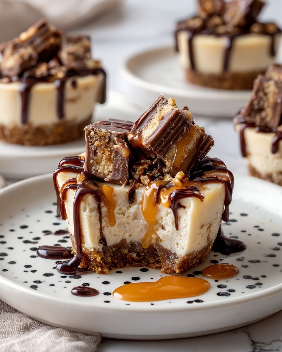 A small cheesecake cup sits on a white plate with black dots, showing three layers: a crumbly brown base, a thick creamy light beige cheesecake center with bits of caramel, and topped with broken pieces of chocolate candy bars covered in drizzles of dark chocolate and caramel sauce that drip onto the plate. The texture of the cheesecake is smooth with a soft bite taken out to show the inside. In the blurred background, there are more cheesecake cups and candy bars on a white marbled surface. photo taken with an iphone --ar 4:5 --v 7