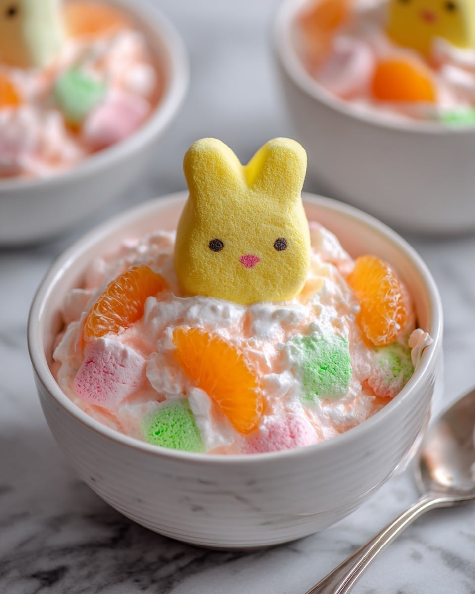 A white bowl filled with a creamy mixture that has three main layers of texture and color: a soft, white creamy base, mixed with pink, green, and orange pastel-colored marshmallows, and topped with bright orange mandarin slices. On top of the mixture sits a yellow marshmallow shaped like a bunny with small brown eyes. A spoon is placed inside the bowl on the right side. The bowl is set on a white marbled texture surface with two more similar white bowls softly blurred in the background. photo taken with an iphone --ar 4:5 --v 7