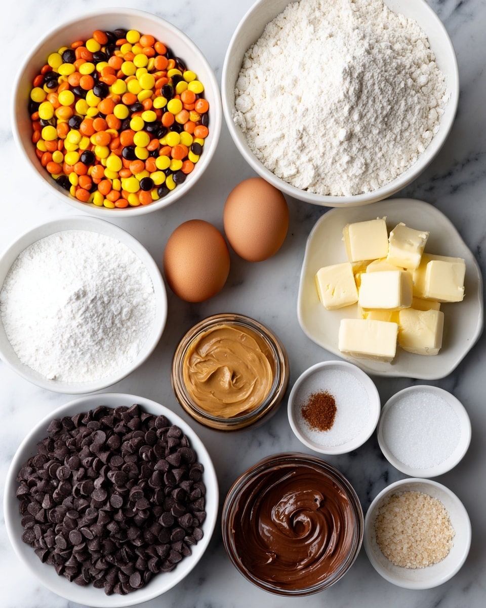 The image shows multiple white bowls and small plates arranged on a white marbled surface, each filled with different baking ingredients. There is a white bowl on the top left filled with yellow, orange, and brown Reese’s Pieces candies. Below it, a white bowl holds a heap of white flour. In the center, two brown eggs rest on the surface, near a small white plate that has a small amount of brown spices. To the right, a white bowl is filled with dark chocolate chips, and next to it is a jar of Nutella spread placed beside a small white bowl with creamy peanut butter. Near the bottom, a small white plate contains a few cubes of pale yellow butter. Surrounding these are small bowls holding white salt, white cornstarch, white sugar, beige brown sugar, and white leavening agents, all positioned neatly with clear separation between each ingredient, photo taken with an iphone --ar 4:5 --v 7