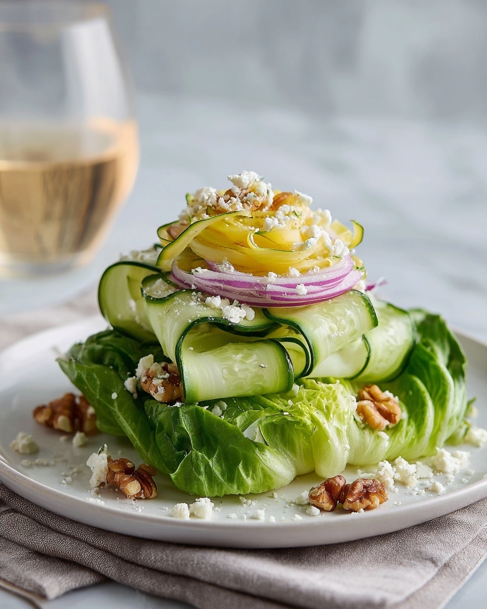 A white plate holds a stacked salad with several layers. At the bottom, there are large green lettuce leaves forming the base. On top of the lettuce, thin, curled slices of cucumber and yellow vegetable ribbons are layered. Thin slices of purple onion add a delicate layer on top. Scattered walnut pieces are visible between the layers and on the surface. The whole stack is sprinkled with finely grated white cheese. The plate is placed on a light gray cloth over a surface with white marbled texture. In the background, there is a blurred glass of light-colored drink. photo taken with an iphone --ar 4:5 --v 7