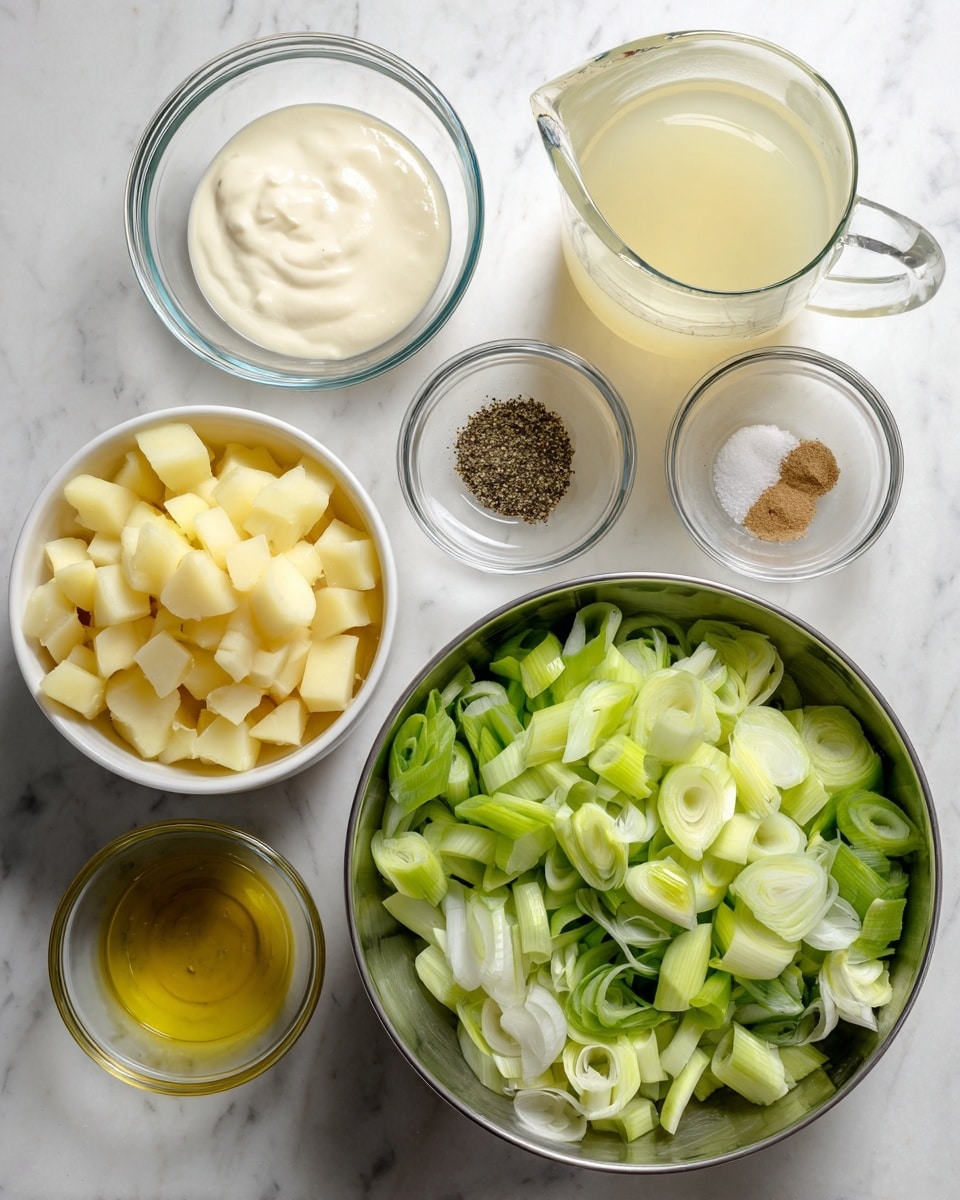 The image shows several clear glass and metal bowls placed on a white marbled surface. From bottom left, there is a white bowl filled with pale yellow diced potatoes. To the right of it is a large metal bowl holding chopped leeks with bright green and lighter white-green layers. Above the potatoes is a clear glass measuring jug filled with light yellow broth. Next to it is a clear glass bowl containing thick white cream. At the top, there are three small glass bowls holding light brown ground spice, black pepper, and white salt. To the right of those is a small glass bowl with golden yellow oil. The colors are soft and natural with the green of the leeks contrasting the creamy and yellow tones of the other ingredients. photo taken with an iphone --ar 4:5 --v 7