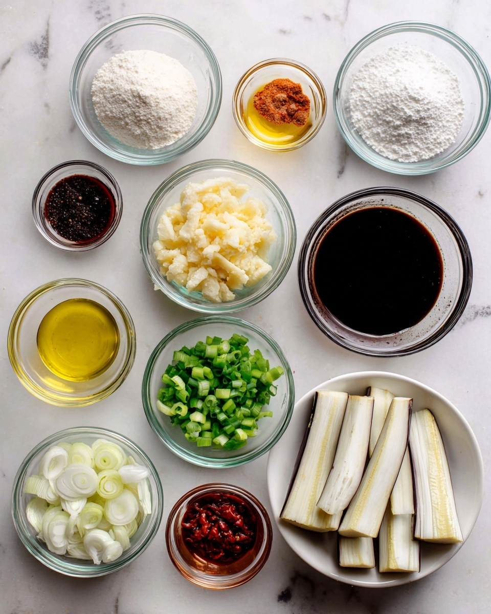 The image shows a white marbled surface with several small clear glass bowls arranged neatly, each containing different cooking ingredients. At the bottom right, a white bowl holds several thick, pale purple and white pieces of eggplant. Surrounding it are bowls with white powdery cornstarch, granulated white sugar, salt crystals, yellowish oil, and a cloudy light liquid labeled chicken stock. Other bowls contain finely chopped yellow ginger, chopped white garlic, dark brown soy sauce, dark brown chinkiang vinegar, bright green chopped scallion greens, sliced white scallion whites, and reddish-brown chili bean sauce. Each ingredient is clearly visible through the glass, giving a clean and organized look. Photo taken with an iphone --ar 4:5 --v 7