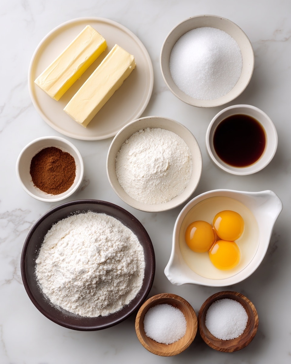 The image shows nine bowls and plates with baking ingredients arranged on a white marbled surface. In the top left is a white plate holding two sticks of pale yellow butter. To the right of it is a small bowl with dark brown liquid, likely vanilla extract. Next is a medium white bowl filled with white granulated sugar, and beside it is another white bowl containing a brown powder, likely cinnamon or a spice powder. Below these, in the center left, is a dark bowl filled with white flour. To its right, a white bowl with a spout holds two cracked eggs with bright yellow yolks and clear whites. Below the eggs, there are three small wooden bowls containing white powder substances, possibly baking soda, baking powder, and salt. The colors include white, light yellow, brown, and dark beige with a neat and clean layout. Photo taken with an iphone --ar 4:5 --v 7
