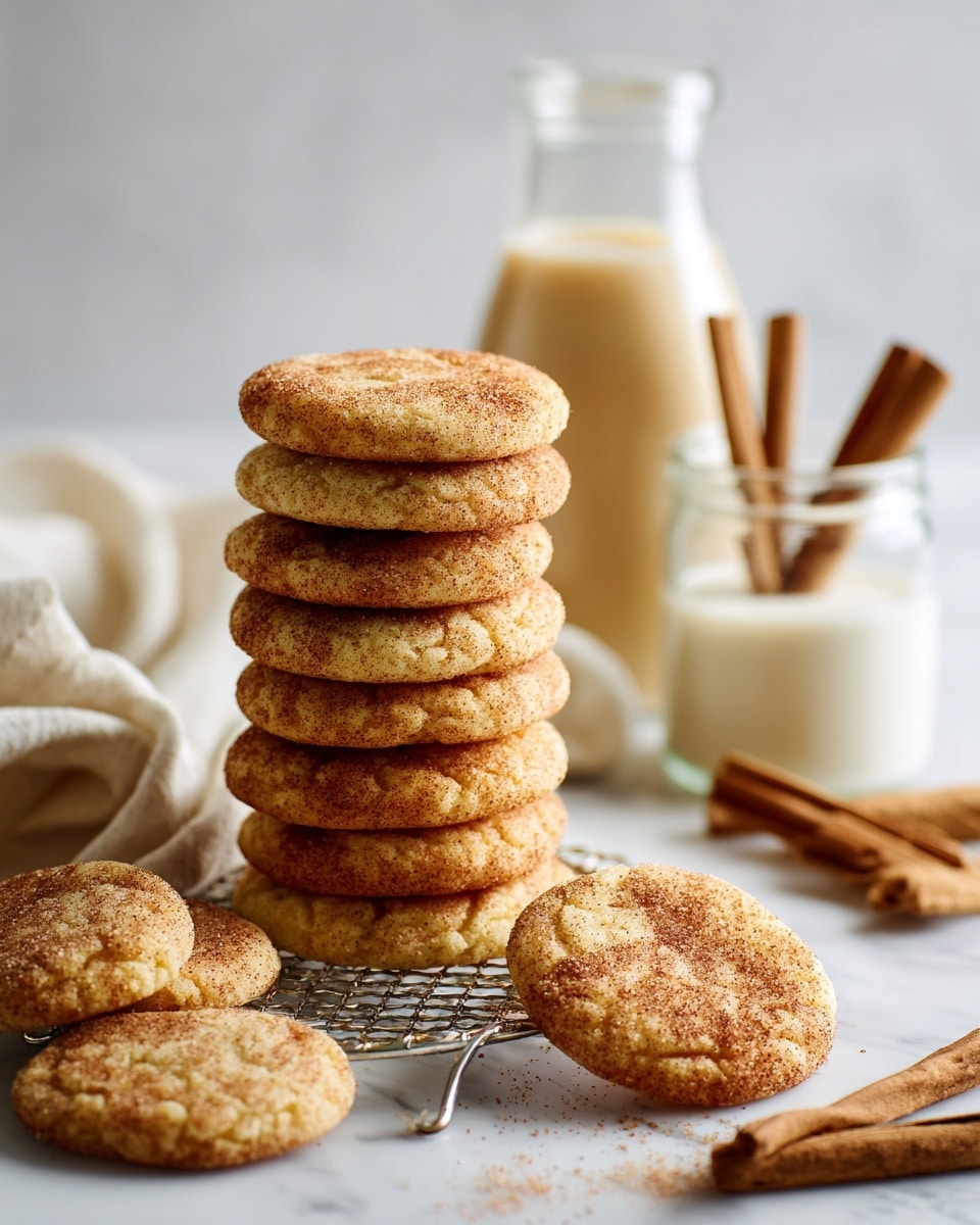 A tall stack of golden brown snickerdoodle cookies with a light sugar and cinnamon dusting is placed on a metal cooling rack, showing about seven cookies in the stack. Around the stack, additional cookies lie flat on a white marbled surface sprinkled with cinnamon. In the background, there is a glass bottle partially filled with milk and a small white bowl with cinnamon sticks, chilled milk, and a white cloth softly blurred behind. The cookies have a slightly cracked and soft texture with a warm, cozy look. Photo taken with an iphone --ar 4:5 --v 7