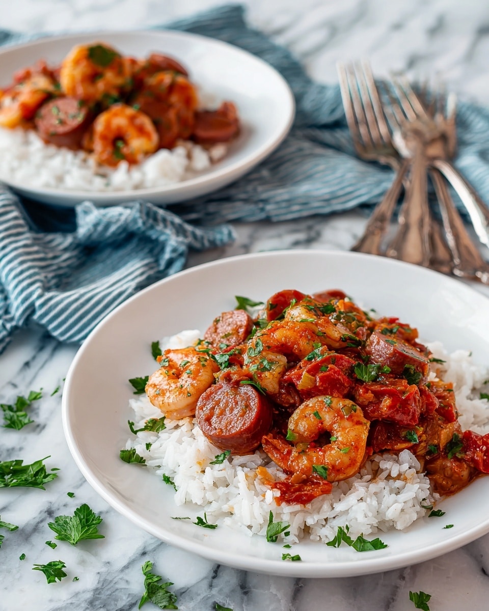 Two white plates with one layer of white rice topped with a thick mix of sliced sausage, shrimp, diced tomatoes, and chopped celery, all in a reddish-brown sauce, garnished with small green parsley pieces. The plates are placed on a white marbled surface with a blue and white striped cloth beside them and three vintage silver forks nearby. Some green parsley bits are scattered on the surface. Photo taken with an iphone --ar 4:5 --v 7